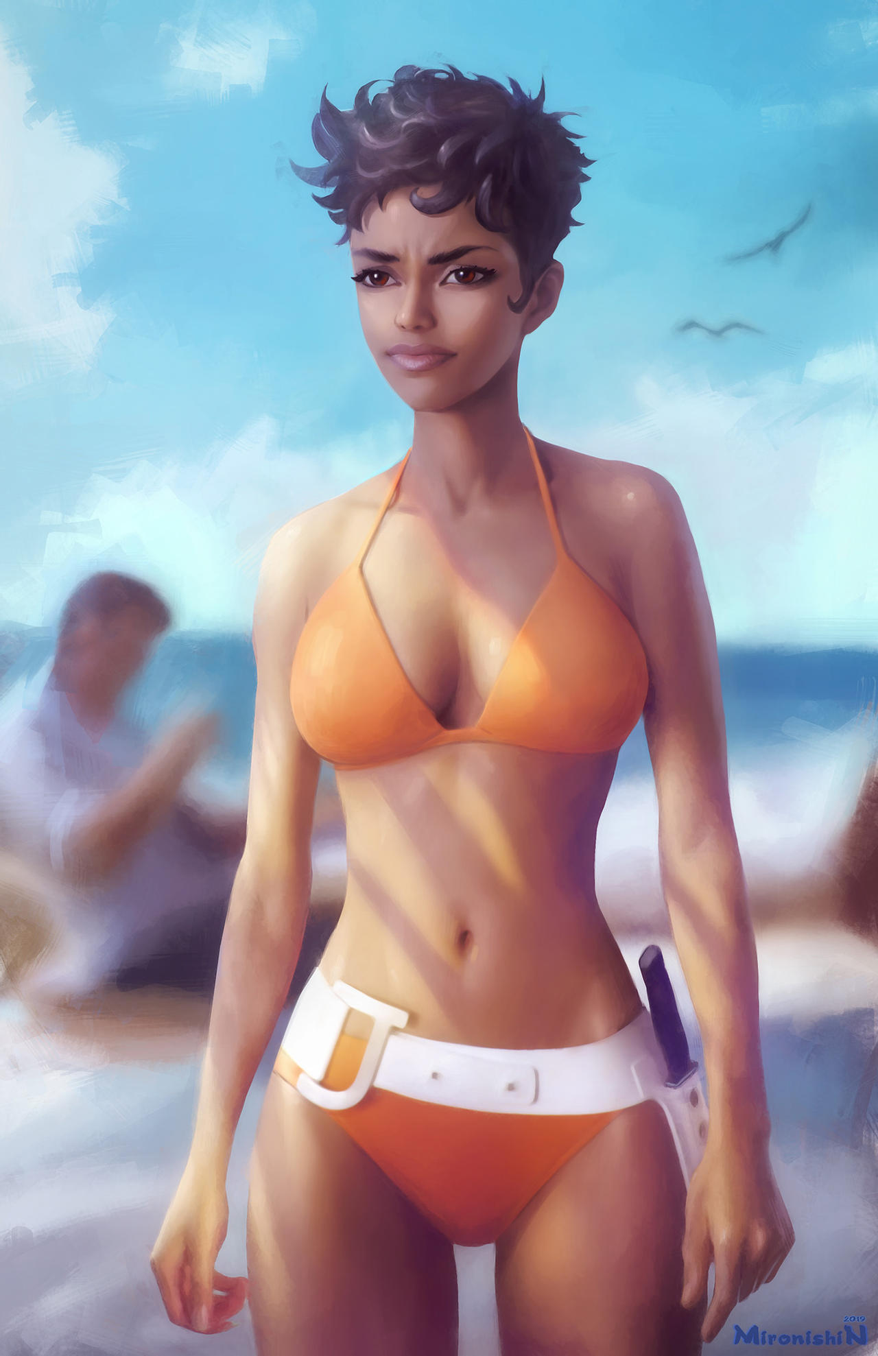 1boy 1boy1girl 1girls bikini brown_eyes brown_hair cleavage halle_berry james_bond_(series) jinx_johnson knife large_breasts mironishin short_hair very_short_hair