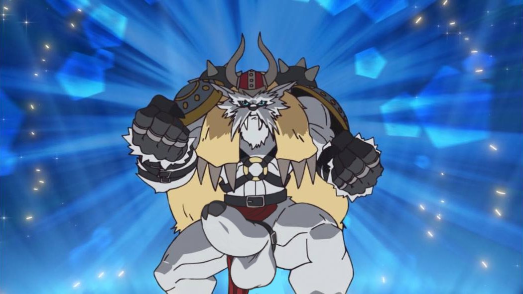 balls bandai_namco beard blue_eyes bottomwear clothing digimon digimon_(species) edit erection facial_hair fur gamusharakishin genitals loincloth male male_focus male_only male_solo muscular penis screencap solo solo_male tusks vikemon white_body white_fur