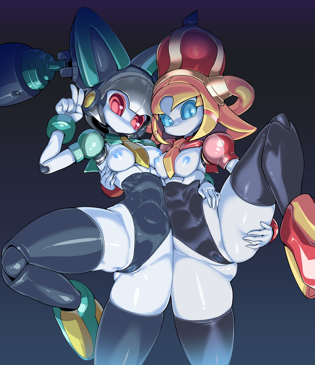 2girls android animal_ears ass ass_grab blue_eyes blue_nipples blue_sclera breasts cameltoe cat_ears clothing crown dia-stage female groping hand_on_hip headwear hybrid looking_at_viewer medabots medarot multiple_girls nekomimi nipples no_mouth one_leg_raised pale-skinned_female pale_skin parms peace_sign pochincoff red_eyes red_sclera robot robot_girl standing_on_one_leg v white_breasts white_skin