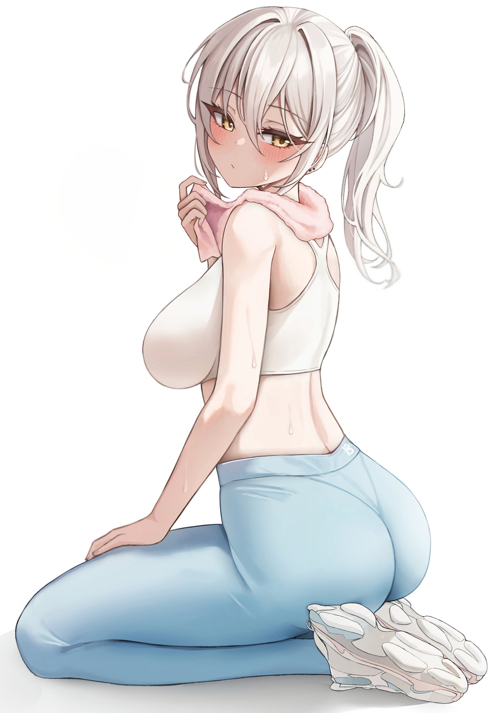 biya, blush, original character, ponytail, sports bra, sportswear, sweat, white background, white hair, white shirt, yellow eyes, yoga pants