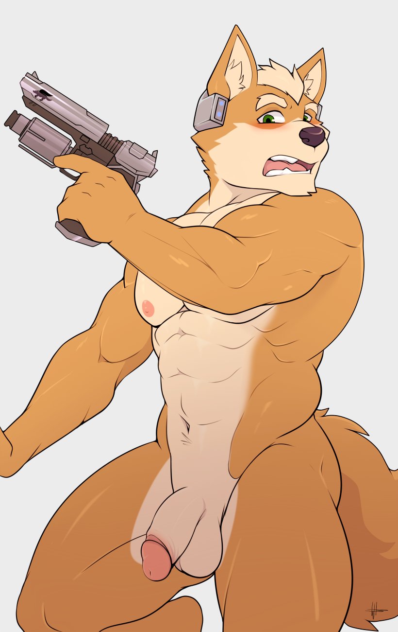 2021 abs anthro balls biceps blush canid canine embarrassed fangs flaccid fox fox_mccloud fur genitals green_eyes grey_background gun hi_res holding_object holding_weapon male male_focus male_only male_solo mammal muscular muscular_anthro muscular_male nintendo nipples open_mouth pecs penis portrait quads ranged_weapon sharp_teeth simple_background solo solo_male star_fox tan_body tan_fur teeth three-quarter_portrait tongue triceps video_games weapon wolfybuns