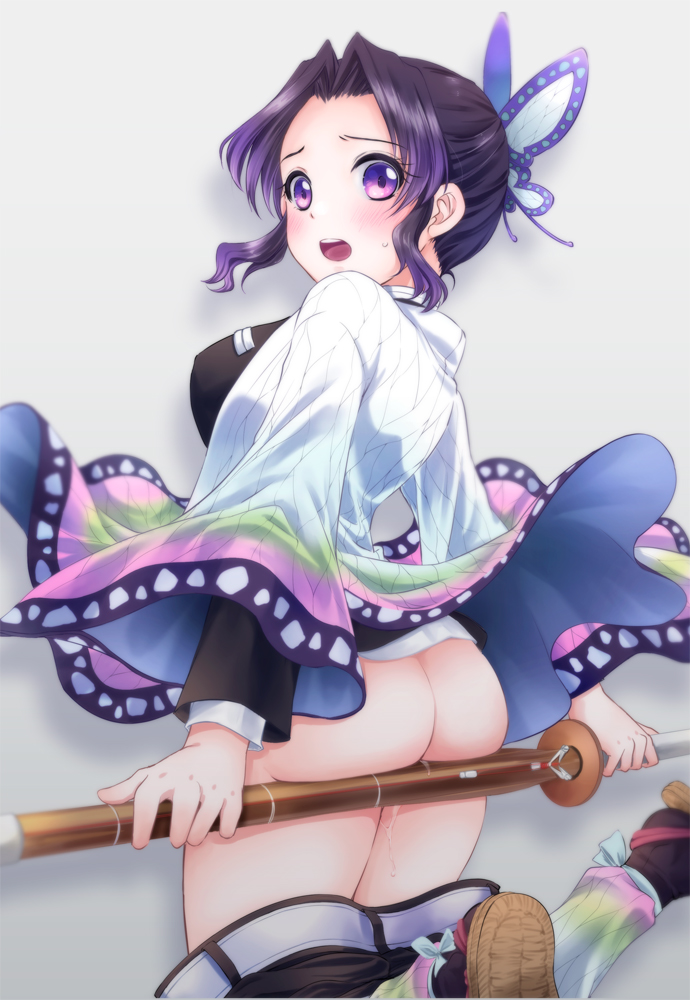 1girls, ass, asumaomi, blush, bubble ass, butterfly hair ornament, clothing, demon slayer, doujin cover, embarrassed, female, female only, haori, kimetsu no yaiba, kochou shinobu, looking at viewer, looking back, no panties, open mouth, pants down, purple eyes, purple hair, purple-haired female, pussy, pussy juice, solo, sweatdrop