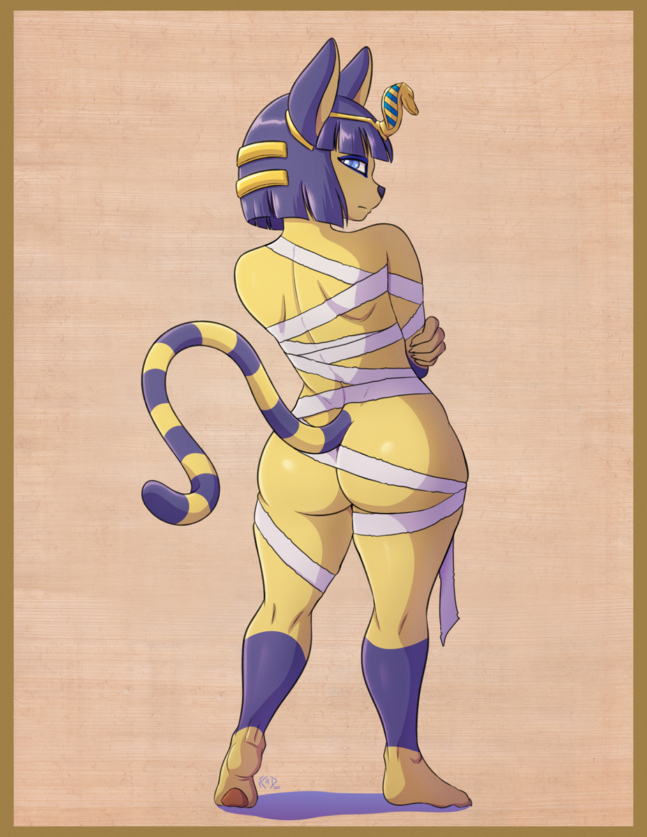 2021 animal_crossing ankha ass blue_eyes bubble_butt cat_ears cat_girl cat_tail catgirl egyptian kadath looking_at_viewer looking_back medium_hair nintendo purple_hair rear_view tiara voluptuous wrappings