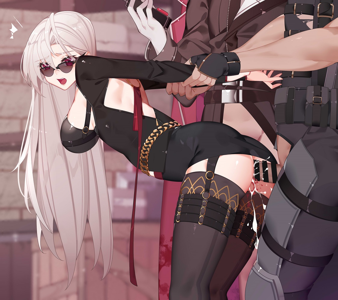 1girls, 2boys, artist request, ass, black legwear, black topwear, blade (dungeon and fighter), blood, breasts, cum, cum inside, defloration, deflowering, doggy style, dungeon and fighter, dungeon fighter online, ejaculation, eyebrows visible through hair, female, female slayer (dungeon and fighter), female virgin, femsub, long hair, looking over eyewear, looking over glasses, looking over sunglasses, male, mouth open, open mouth, penetration, pussy, red eyes, spectre (dnf duel), sunglasses, tagme, tinted eyewear, vaginal blood, virgin, virginal blood, virginity loss, white hair