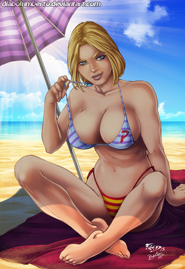 beach beach_towel blonde_hair blue_eyes cedric_humbert cleavage dc dc_comics diabolumberto huge_breasts inviting karen_starr kryptonian lifting_strap medium_breasts mismatched_bikini power_girl seaside sitting superman_(series)