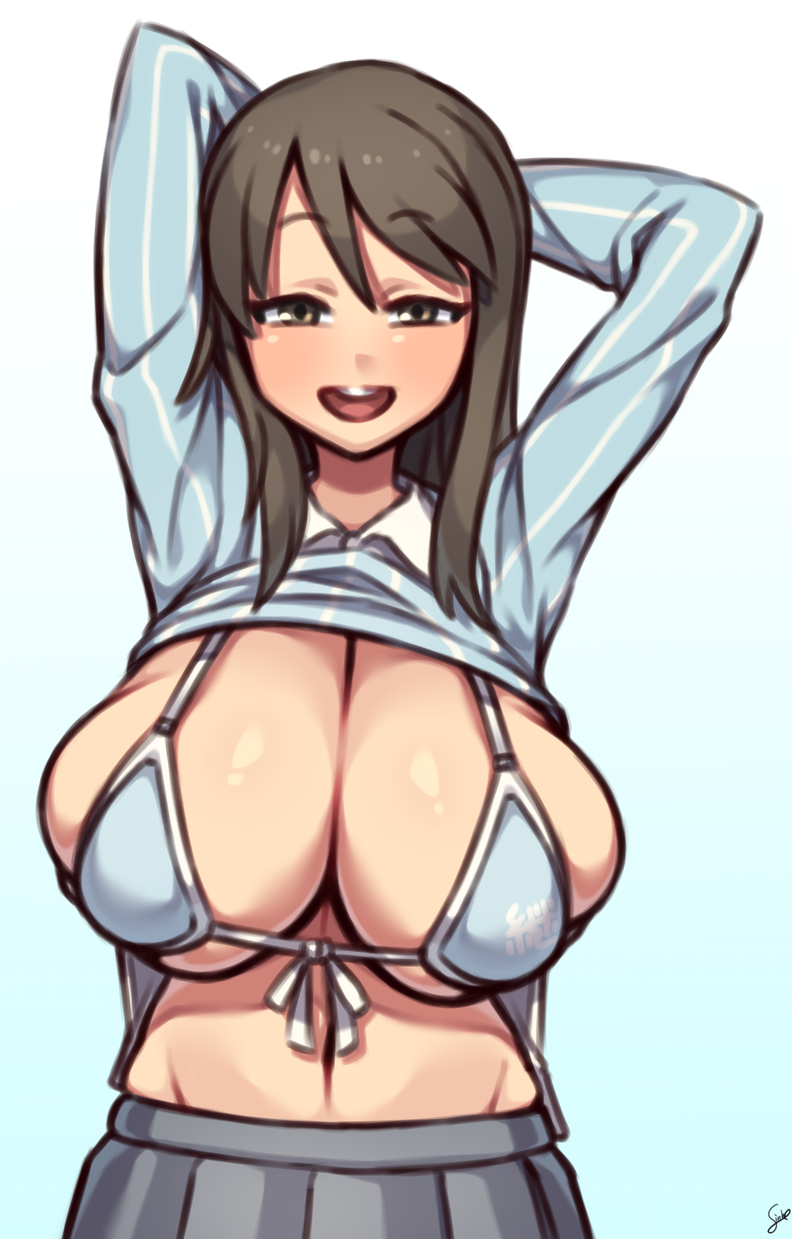 1girls, absurdres, arms up, bra, breasts, cleavage, coffeelove68, female, female only, finnish, finnish girl, front view, girls und panzer, grey skirt, groin tendon, highres, huge breasts, inguinal ligament, long sleeves, looking at viewer, mika (girls und panzer), navel line, pleated skirt, signature, skirt, solo, top heavy breasts