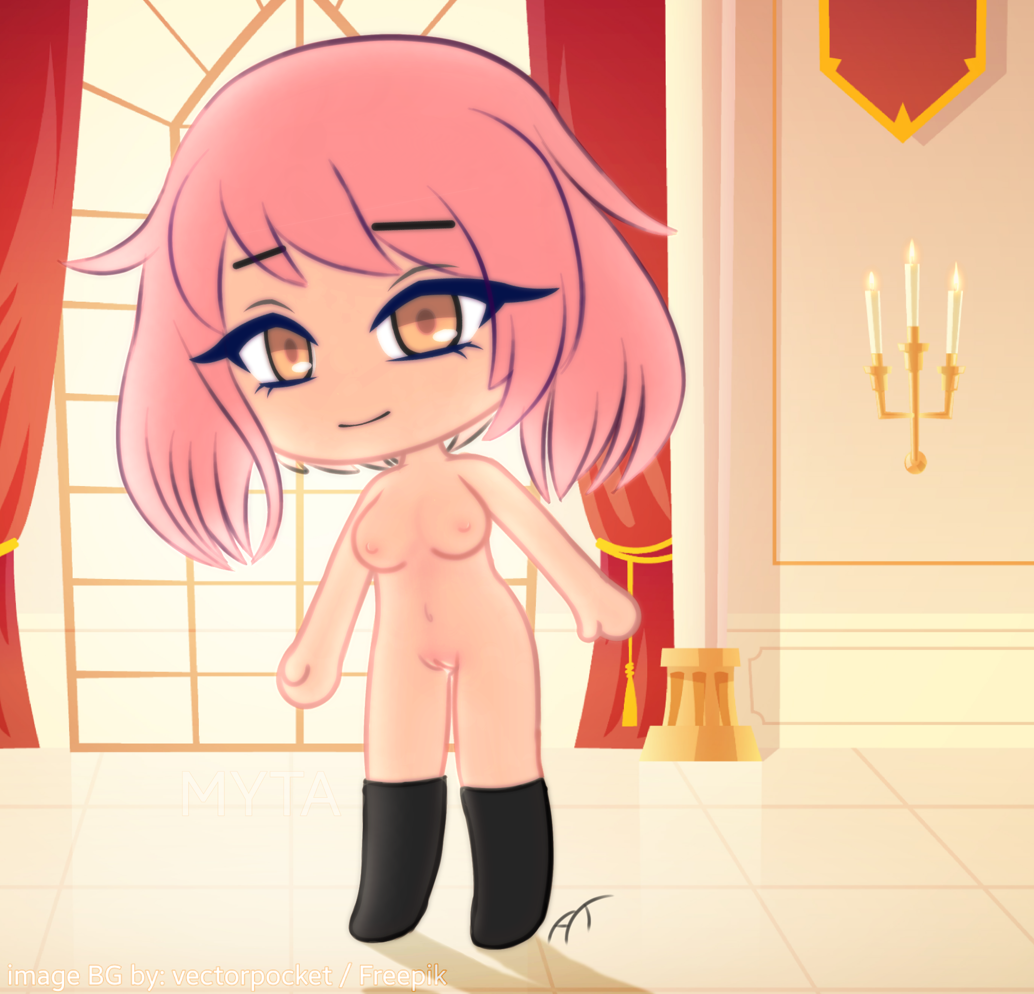 breasts, female, gacha life, nude, pink hair, pussy, small breasts