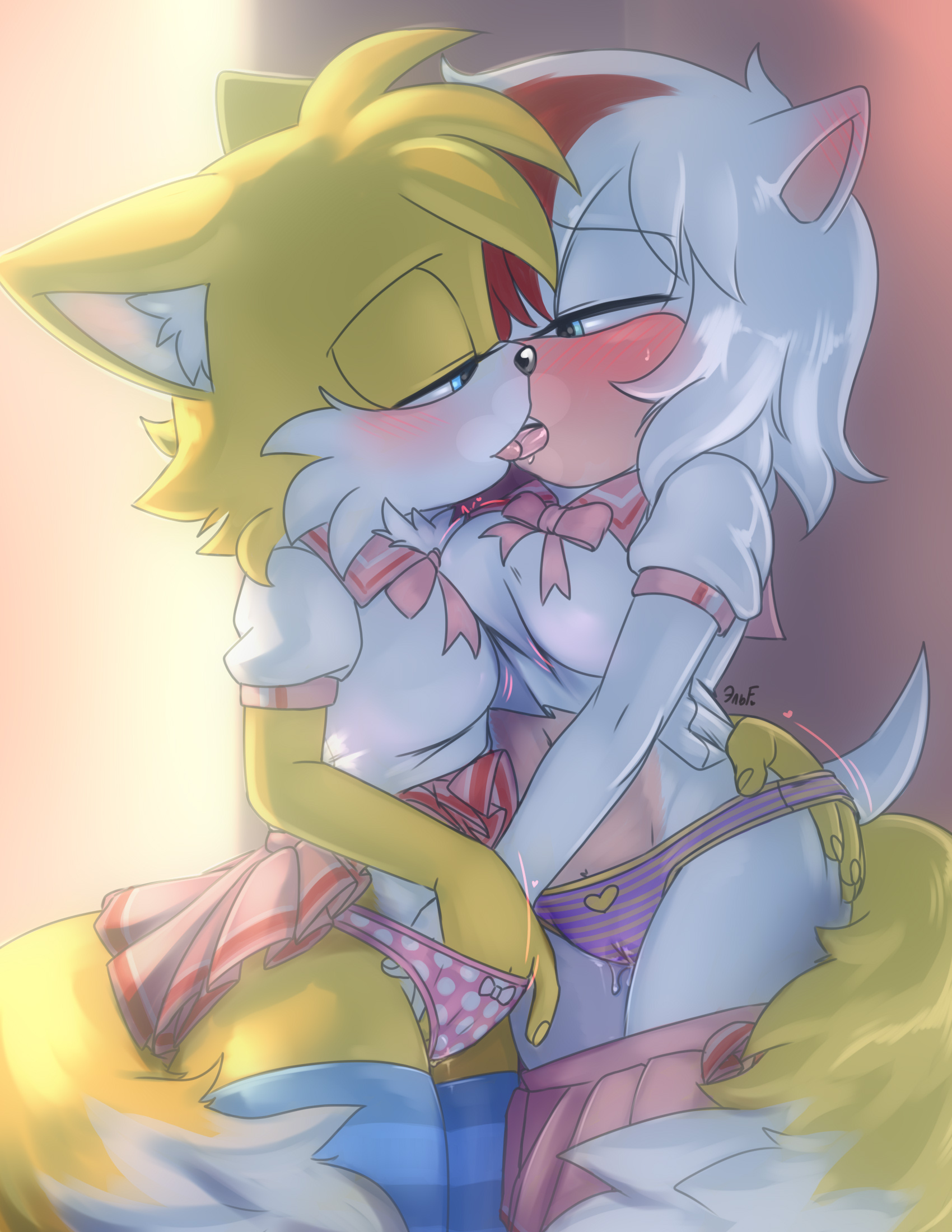 2 tails, 2021, 2girls, aged up, anthro, anthro on anthro, blue eyes, blush, bodily fluids, bottomwear, canid, canine, clothing, crossover, dipstick tail, duo, eulipotyphlan, fan character, female, female/female, fox, french kissing, genderswap, genderswap (mtf), genital fluids, hedgehog, hi res, inner ear fluff, kissing, krazyelf, legwear, mammal, mtf crossgender, multi tail, multicolored tail, multiple females, multiple girls, panties, pattern bottomwear, pattern clothing, pattern legwear, pattern panties, pattern underwear, pussy, pussy juice, rule 63, school uniform, sega, shirt, skirt, sonic (series), sonic the hedgehog (series), striped bottomwear, striped clothing, striped legwear, striped panties, striped underwear, stripes, tail, tails, tails the fox, tailsko, topwear, tuft, underwear, uniform, yuri