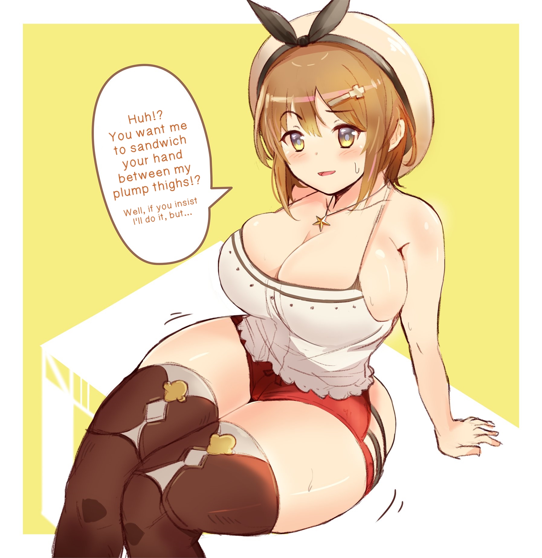 1girls, ass, atelier (series), atelier ryza, big ass, big butt, breasts, brown hair, bubble ass, bubble butt, busty teenager, cleavage, dialogue, english, english text, fat, female, female only, hat, huge ass, huge breasts, huge hips, huge thighs, human, naughty face, reisalin stout, short hair, short shorts, shorts, solo, solo female, speech bubble, sweat, sweatdrop, teenager, teruwo sun, text, thick thighs, thigh boots, thighhigh boots, thighhighs, thighs, wide hips