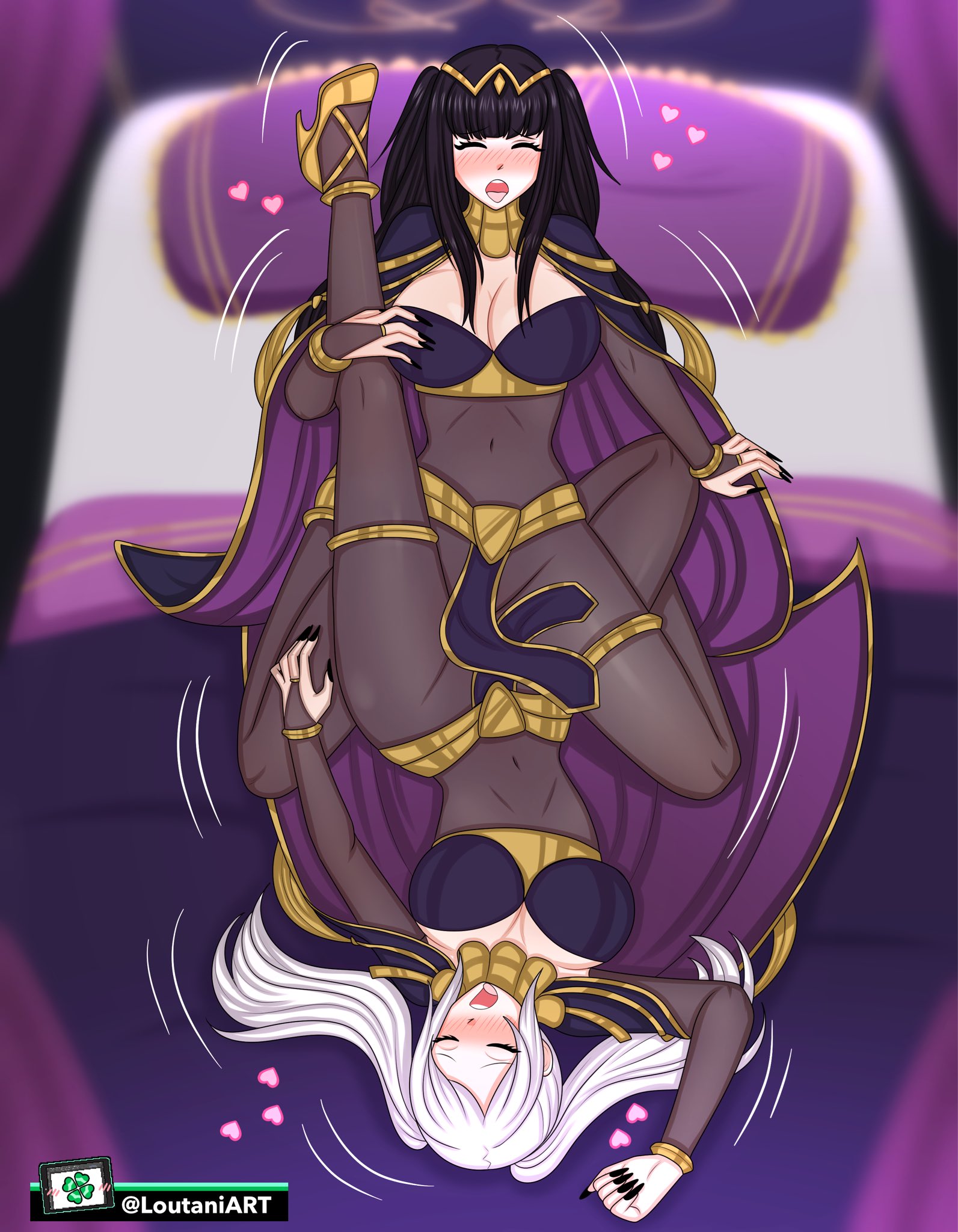 2girls, alternate costume, bangs, bedroom, black hair, black nails, blush, bodystocking, breasts, cape, cleavage, cosplay, female, female only, fire emblem, fire emblem awakening, high heels, large breasts, long hair, long nails, loutaniart, motion lines, multiple females, multiple girls, nail polish, nintendo, on bed, open mouth, pelvic curtain, robin (fire emblem), robin (fire emblem) (female), sex, tharja (fire emblem), tharja (fire emblem) (cosplay), tongue, tongue out, tribadism, twintails, white hair, yuri