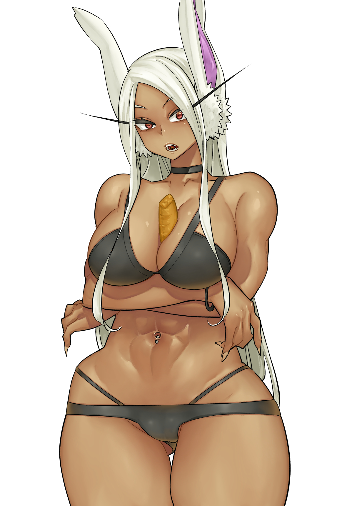1girls, bikini, bunny ears, dark skin, dark-skinned female, female, miruko, muscular, muscular female, my hero academia, navel piercing, pierced belly button, piercing, rumi usagiyama, shosho oekaki, solo, swimsuit, white hair