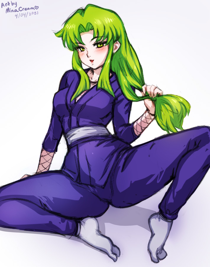 1girls fishnet_shirt fishnet_sleeves fishnets ganbare_goemon green_eyes green_hair japanese_clothes looking_at_viewer medium_breasts minacream ninja open_mouth smile solo spread_legs thighhighs yae_(ganbare_goemon)