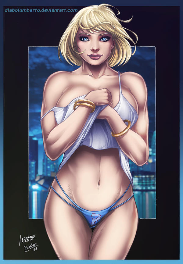 bikini_bottom blonde_hair blue_eyes cedric_humbert dc dc_comics huge_breasts karen_starr kryptonian leonardo_frizzi looking_at_viewer power_girl shirt_slip voluptuous