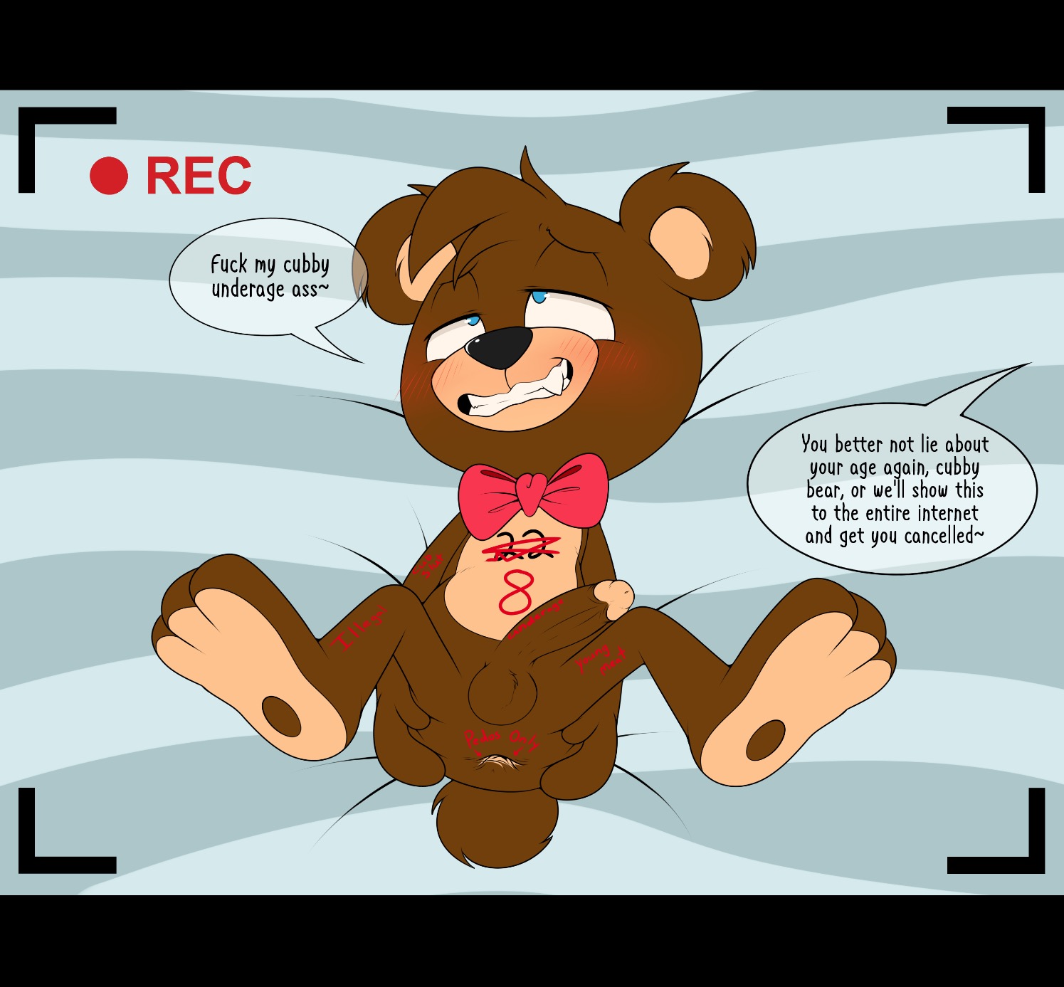 blackmail, body writing, bowtie, cub, degradation, dialogue, enookie, erection, fan character, furry, legs held open, male, male cub, male only, oc, oliver masthay, olly, on back, original, paws, spread anus, spread legs, teddy bear