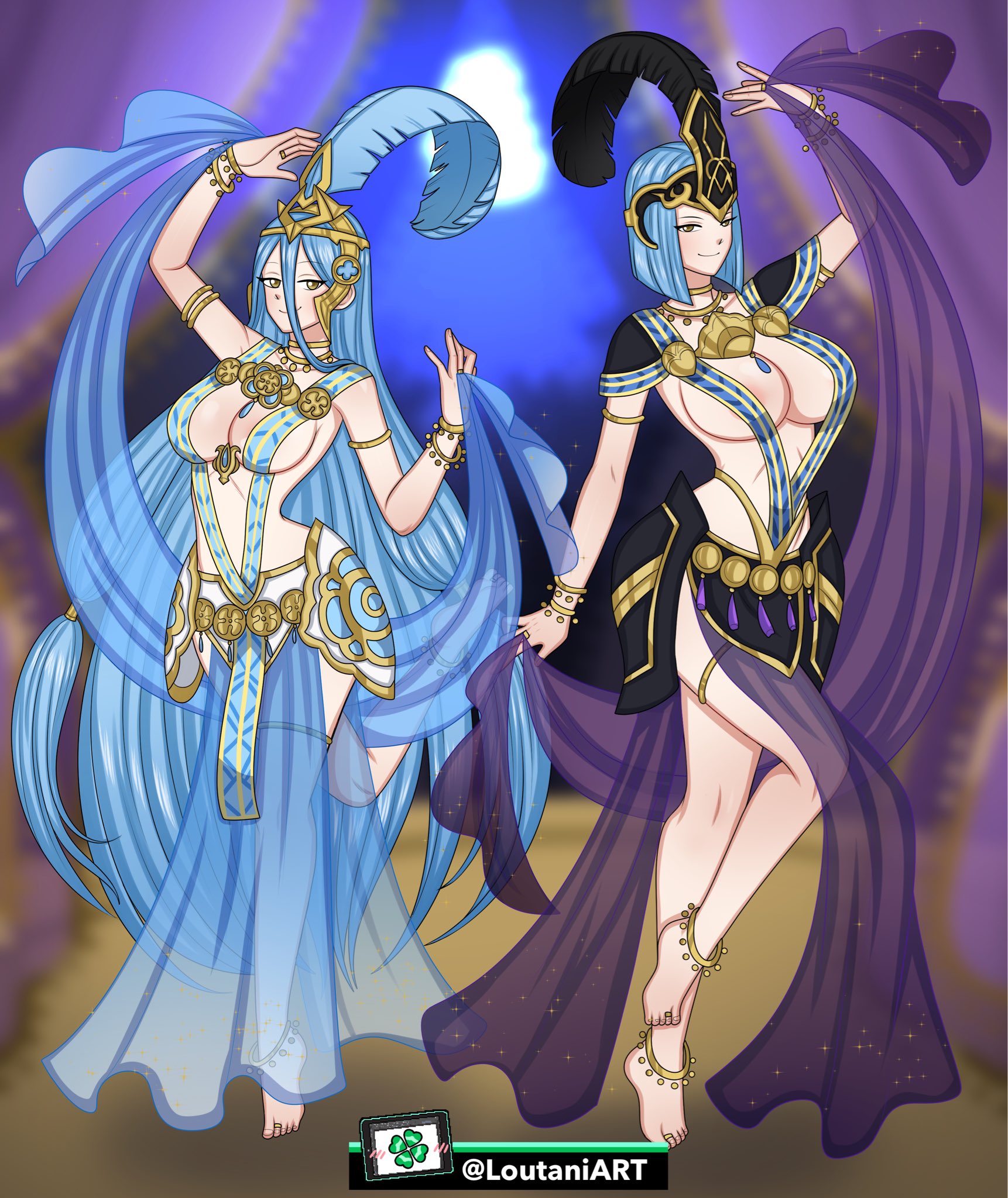2girls, accessory, alternate costume, areolae, arete (fire emblem), arete (fire emblem) (cosplay), azura (fire emblem), bare legs, bare midriff, barefoot, belly dancer, belly dancer outfit, blue hair, breasts, cleavage, cosplay, dancer, dancing, feathers, feet, female, female only, fire emblem, fire emblem fates, hair between eyes, harem, headwear, large breasts, light blue hair, long hair, looking at viewer, loutaniart, medium breasts, medium hair, mother and daughter, multiple females, multiple girls, nintendo, pelvic curtain, pose, revealing clothes, ring, royalty, see-through, sideboob, smile, thong bikini, thong leotard, tiptoes, veil, very long hair, wide hips, yellow eyes