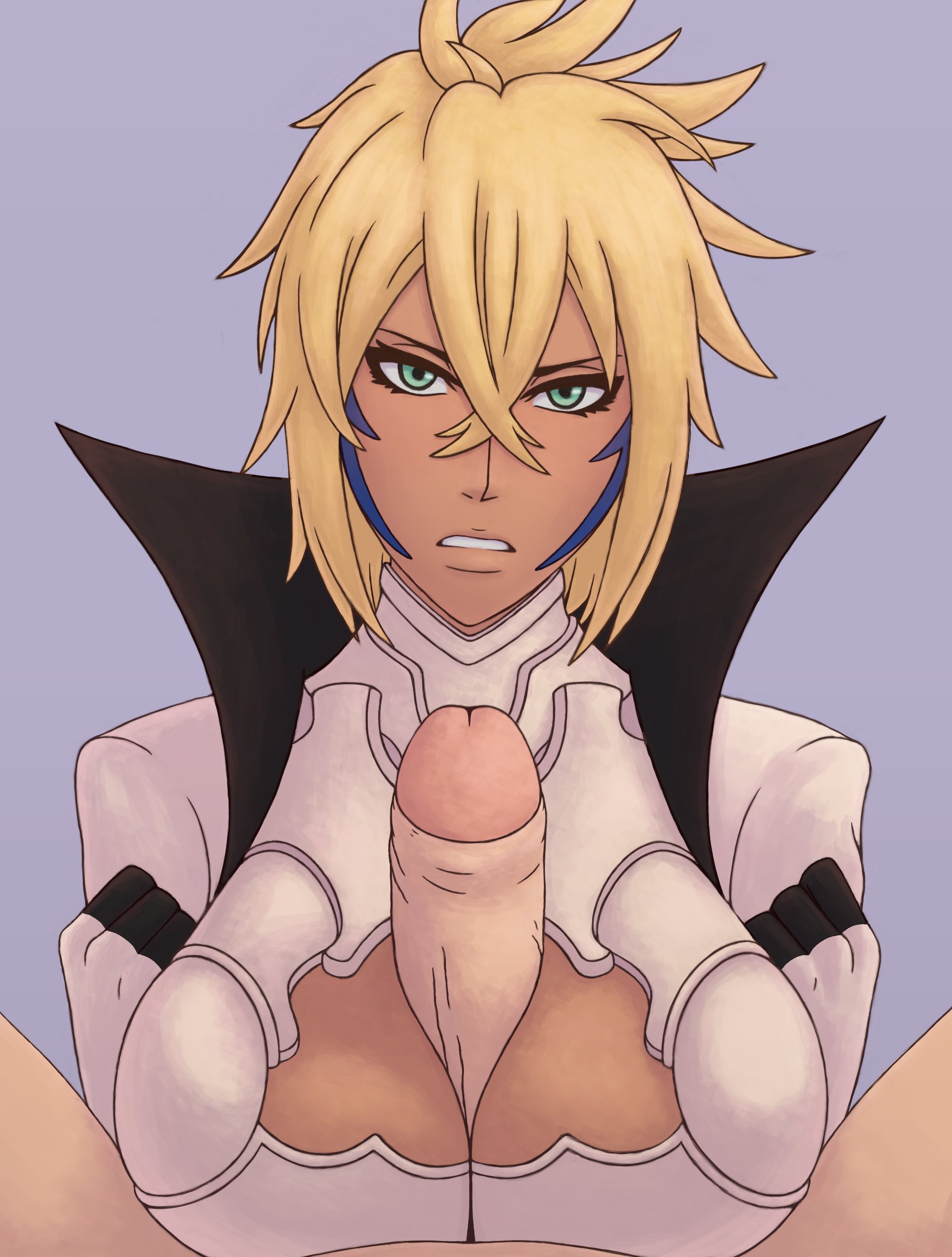 1boy, 1girls, arm gloves, armor, between legs, big breasts, big penis, bleach, blue markings, breasts, center opening, clothed female, clothed female nude male, clothing, dark skin, dark-skinned female, duo, duo focus, erection, faceless male, facepaint, facial markings, female, female focus, foreskin, gloves, green eyes, hair between eyes, high collar, huge breasts, light skin, light-skinned male, long hair, looking at viewer, male, male pov, male with female, male/female, nude, nude female, paizuri, paizuri under clothes, penis, penis between breasts, pov, pov eye contact, rengaboo, retracted foreskin, spread legs, tia harribel, uncircumcised, yellow hair