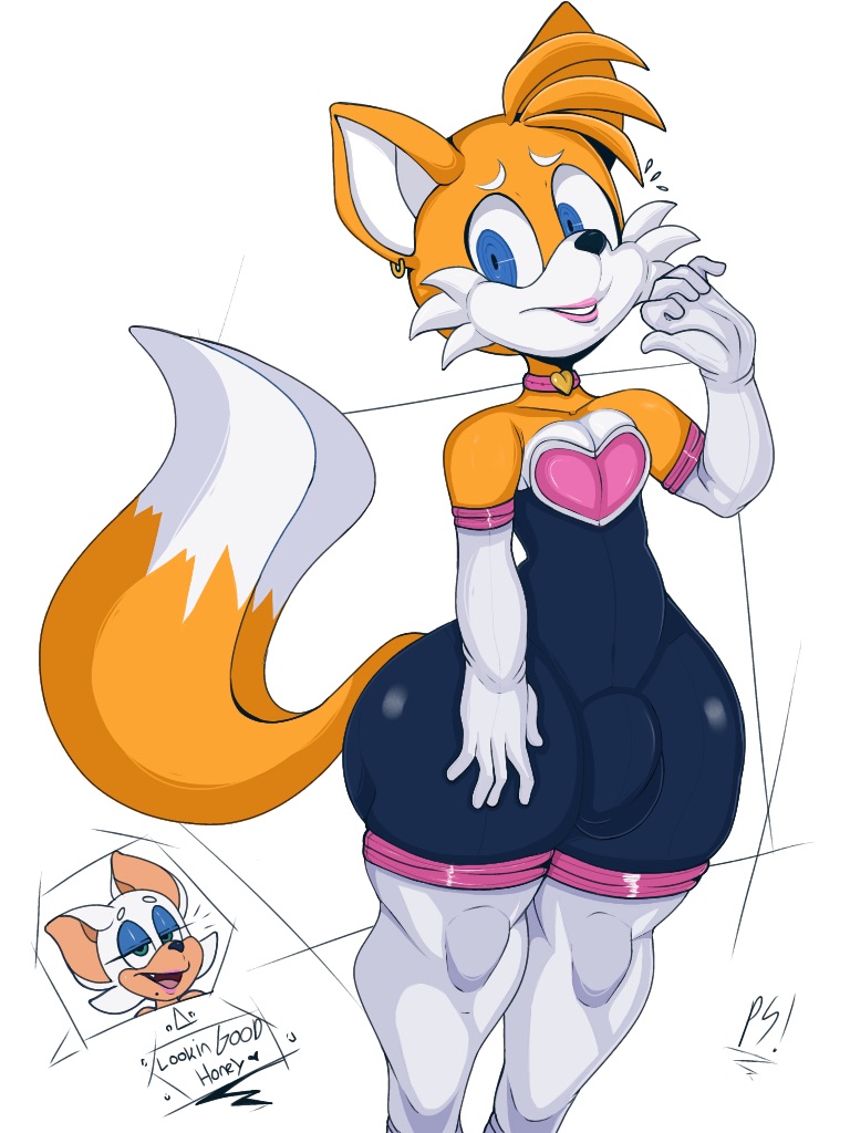 1boy, aged up, anthro, ass, balls, big ass, big balls, big butt, blue eyes, bubble ass, crossdressing, crossdressing male, female, femboy, feminine male, feminine tails, fox, fox boy, furry, furry only, green eyes, lipstick, makeup, male, male anthro, male only, miles prower, mobian (species), nervous, orange fur, penis, pizzasnap, rouge the bat, rouge the bat (cosplay), rubber suit, sega, solo, sonic (series), sonic the hedgehog (series), tails, tails the fox, thick ass, thick penis, thick thighs, white background, white gloves, white shoes