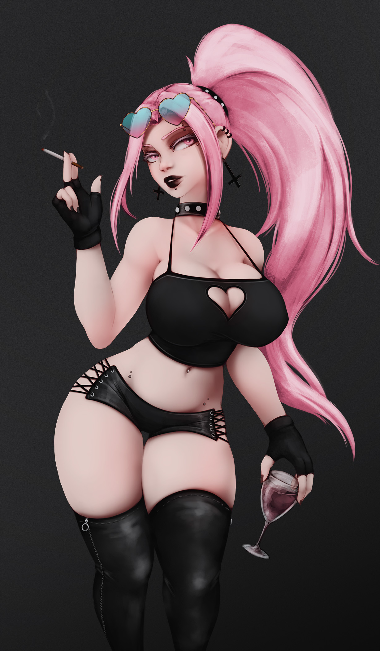 1girls, big breasts, breasts, cigarette, cleavage, female, female only, horny, impracticalart, large breasts, piercing, piercings, pink hair, ponytail, solo, solo female, thick thighs, wide hips