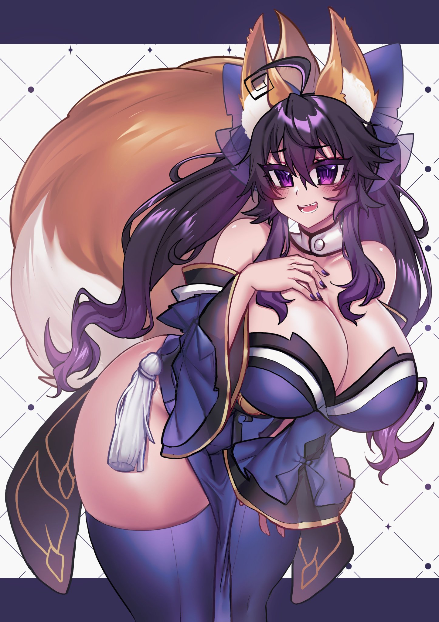 alternate hairstyle, bent over, big breasts, breasts, cleavage, cosplay, crawling dreams, curvy, dark hair, fate (series), female, fox ears, fox girl, fox tail, hair ribbon, huge breasts, kimono, looking at viewer, nyarla (crawling dreams), osiimi, tamamo no mae (fate), thick thighs, thighhighs, thunder thighs, wide hips