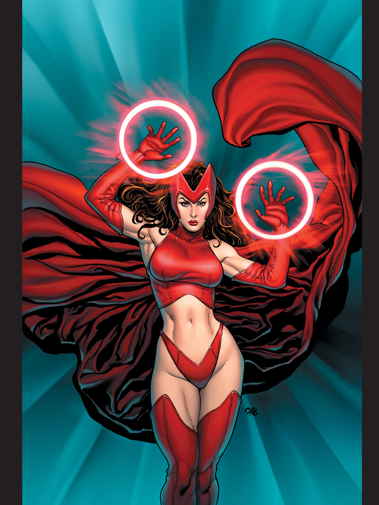 avengers, breasts, cape, female, female only, frank cho, gloves, large breasts, long boots, marvel, marvel comics, midriff, mutant (marvel), powers, scarlet witch, solo female, solo focus, thong, wanda maximoff, x-men