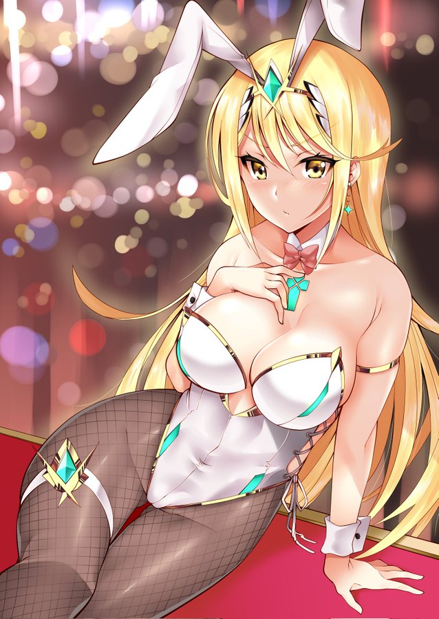 1girls, animal ears, bangs, big breasts, blonde hair, blush, breasts, bunny ears, bunny girl, bunnysuit, chest jewel, cleavage, closed mouth, core crystal, fake animal ears, female, female focus, female only, gold eyes, hair ornament, hand on chest, jewelry, kou (artist), latex, long hair, looking at viewer, mythra, navel, nintendo, playboy bunny, solo, swept bangs, thighs, tiara, xenoblade (series), xenoblade chronicles 2