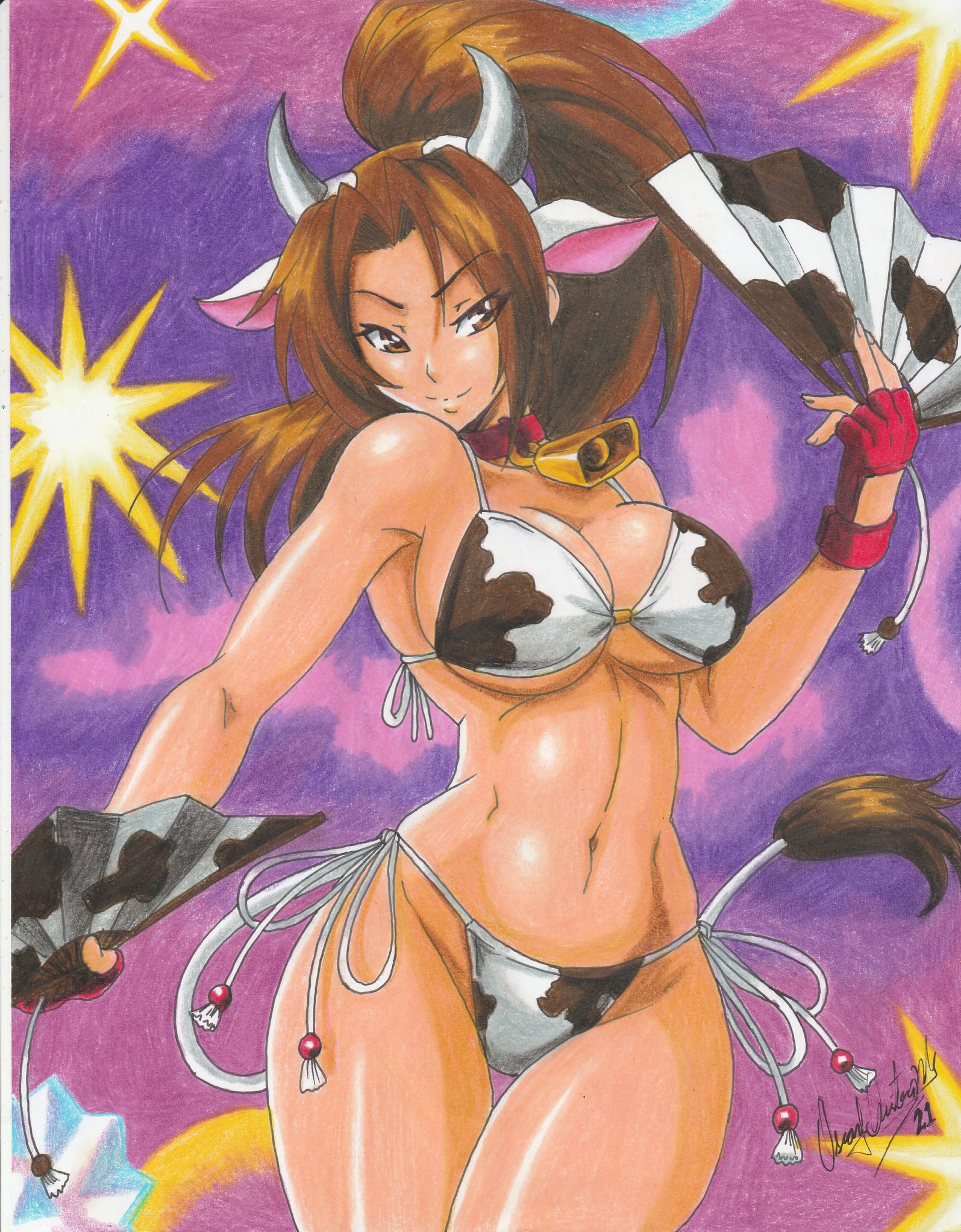 1girls, 2021, big breasts, bikini, breasts, brown hair, cleavage, cow girl, cow horns, cow print, cowbell, fatal fury, female, king of fighters, looking at viewer, mai shiranui, pencil (artwork), ravern clouk, snk, snk heroines: tag team frenzy, solo, solo female, tagme, thick thighs, wide hips, year of the ox