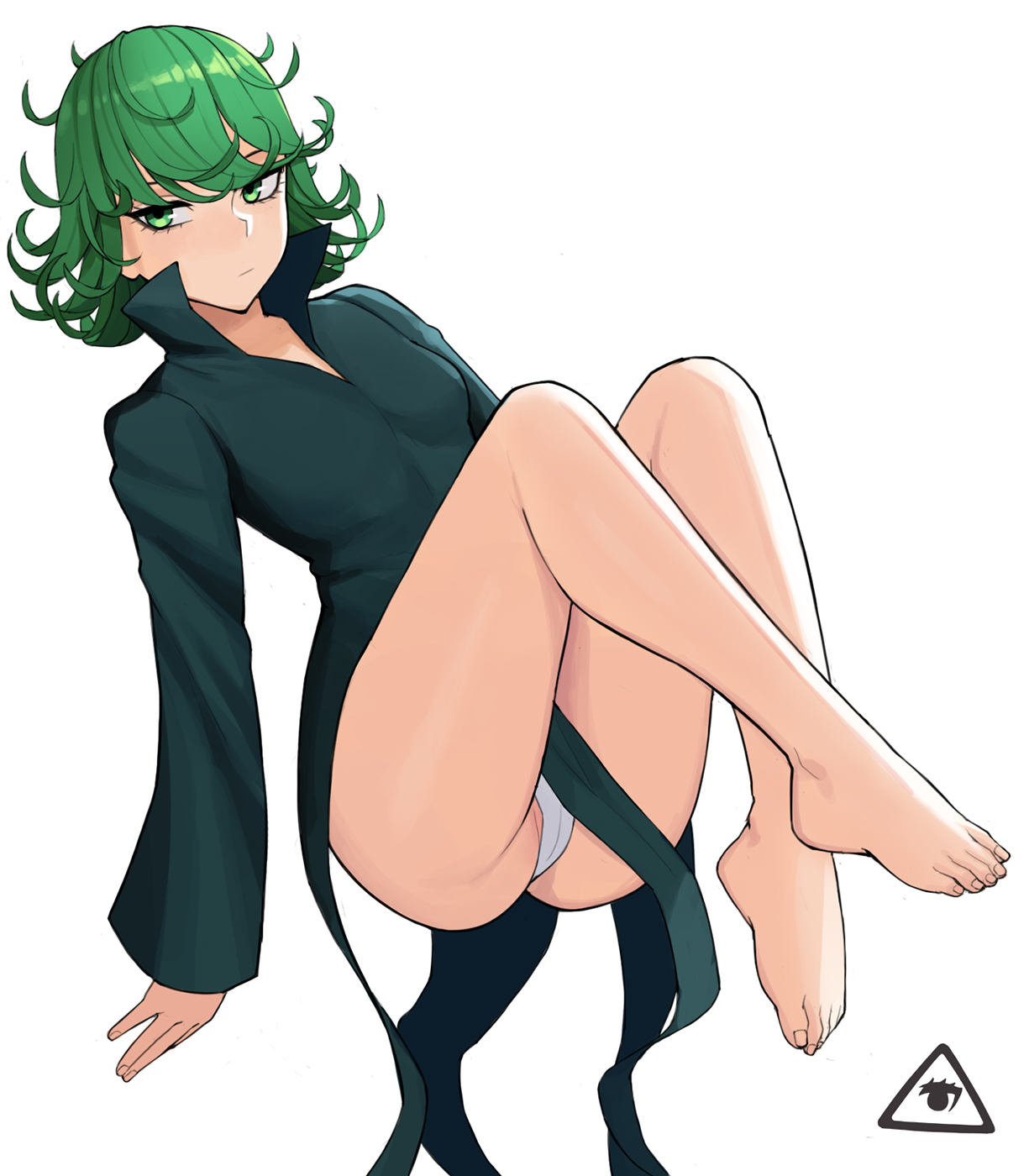 1girls, ass, barefoot, black dress, breasts, closed mouth, curly hair, donburikazoku, female, female focus, female only, green eyes, green hair, green-haired female, looking away, one-punch man, panties, short green hair, short hair, small breasts, tatsumaki, telekinesis, thighs, underwear, white background, white panties, wide sleeves