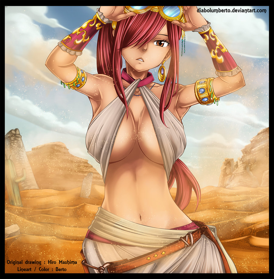 armlet armpits bocas_top bracelet brown_eyes cedric_humbert desert erza_scarlet fairy_tail goggles_removed hair_over_one_eye hiro_mashima hourglass_figure large_breasts looking_at_viewer mashima_hiro red_hair skirt voluptuous