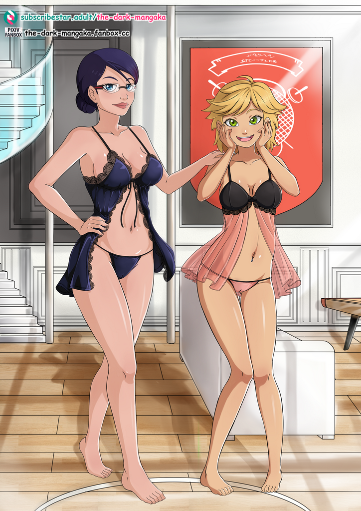 2girls abdomen adrien_agreste babydoll belly belly_button belly_button_piercing blonde_hair blue_eyes blue_hair breasts cameltoe disney_channel feet female genderbend genderswap genderswap_(mtf) half_naked lingerie miraculous_ladybug nathalie_sancoeur navel navel_piercing negligee rule_63 stomach the_dark_mangaka toes