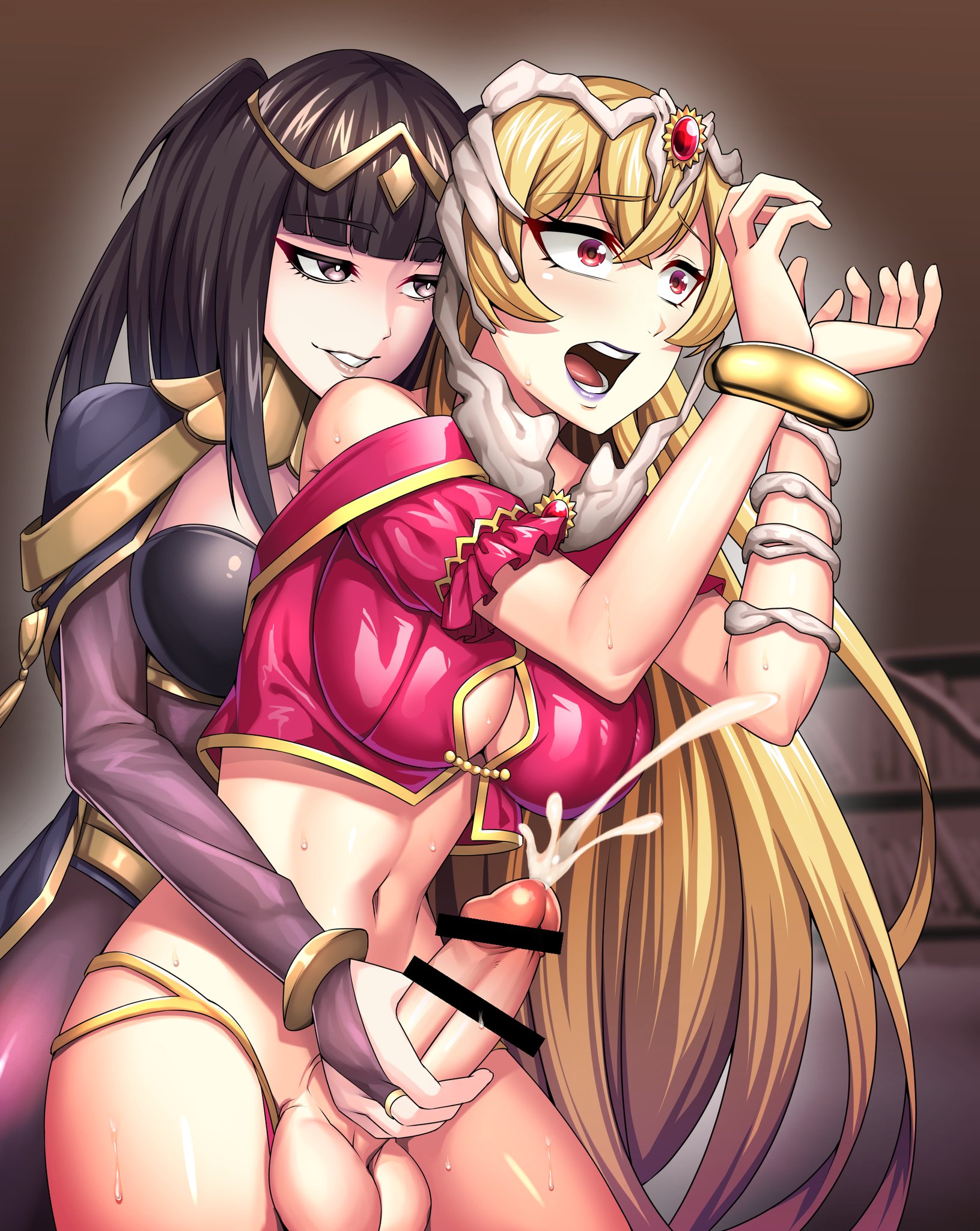 1futa, 2girls, balls, bangs, big breasts, big penis, black hair, blonde hair, bondage, bottomless, bound, breasts, censored, character request, clothed, clothing, cum, duo, ejaculation, erection, female, female on futa, femdom, fire emblem, from behind, fully clothed, futa on female, futanari, futasub, handjob, human, intersex, light skin, light-skinned female, light-skinned futa, long hair, nintendo, orgasm, pale skin, partially clothed, penis, reach around, restrained, standing, tharja (fire emblem), yuri, zeus nakamura