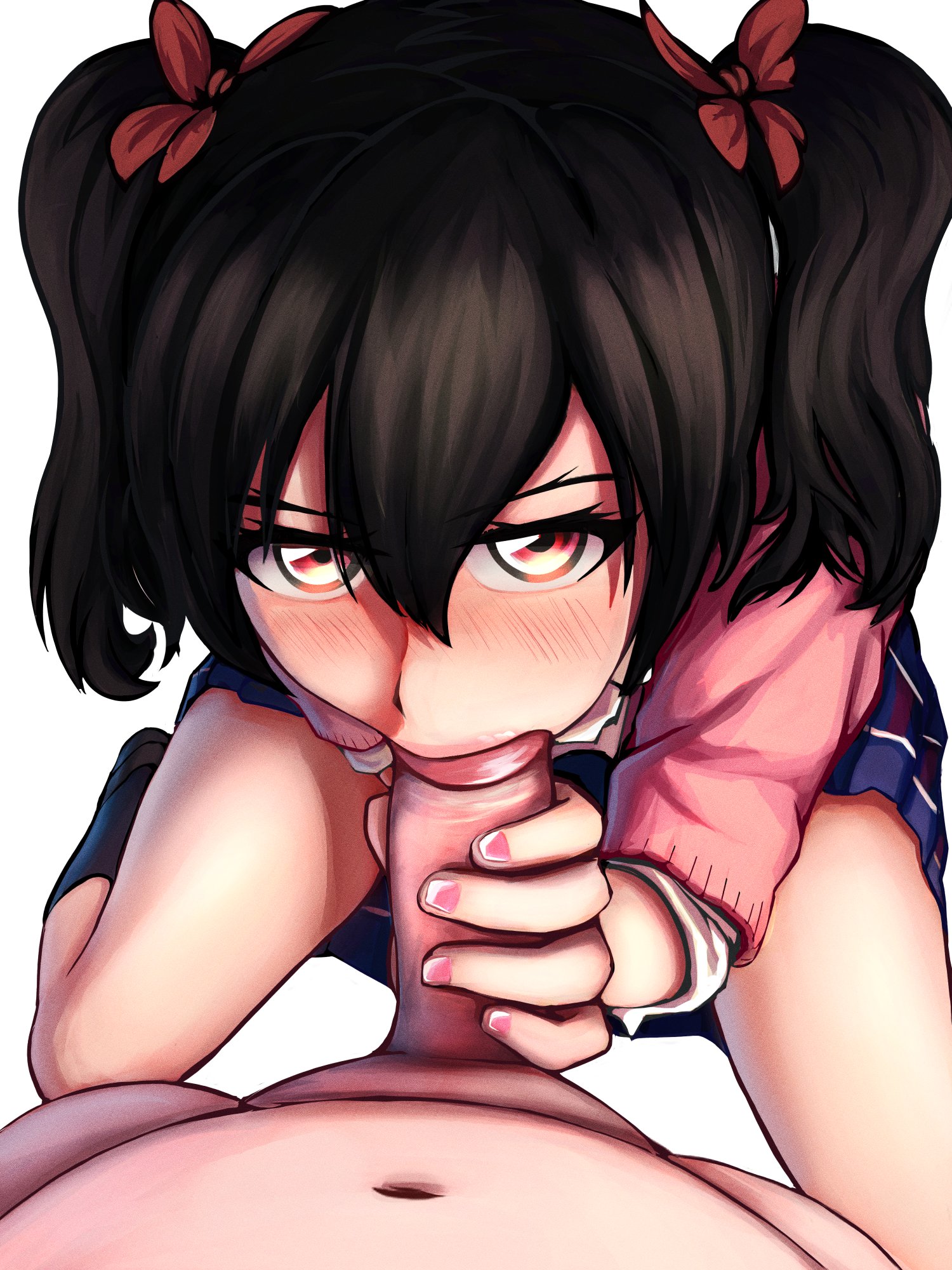 1boy, 1girls, bangs, black hair, black socks, blush, clothed female nude male, fellatio, female, female focus, hairbow, holding penis, light skin, light-skinned female, light-skinned male, lips, lipstick, long sleeves, looking at viewer, love live!, love live! school idol project, male, male pov, male/female, nail polish, okuusfabfacts, on knees, oral, penis, pink nails, pink shirt, pov, pov eye contact, red bow, red eyes, shoes, simple background, skirt, socks, solo focus, straight, twintails, uncensored, white background, yazawa nico