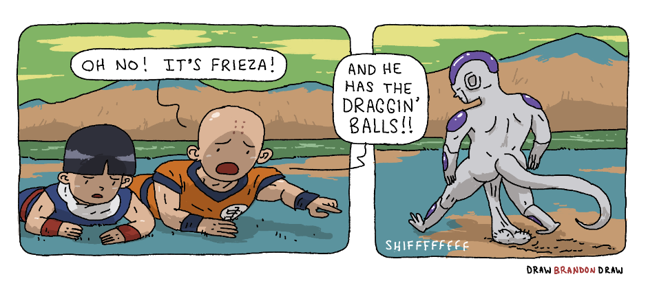 2koma alien balls comic dragon_ball dragon_ball_z drawbrandondraw english_text frieza frieza_race humor krillin kuririn low_hanging_testicles male male_focus male_only son_gohan speech_bubble testicles text what