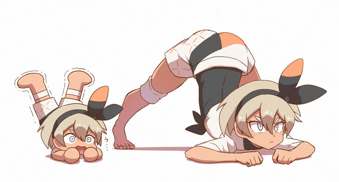 2021, ass, barefoot, bea (pokemon), bent over, blue eyes, bow in hair, brown skin, chibi, clothed, clothed female, cute, dark skin, dark-skinned female, feet, female, female only, grey eyes, grey hair, jack-o pose, kurachi mizuki, meme, nintendo, pokemon, pokemon ss, short hair, spread legs, standing, tagme, tan skin, toes, white background