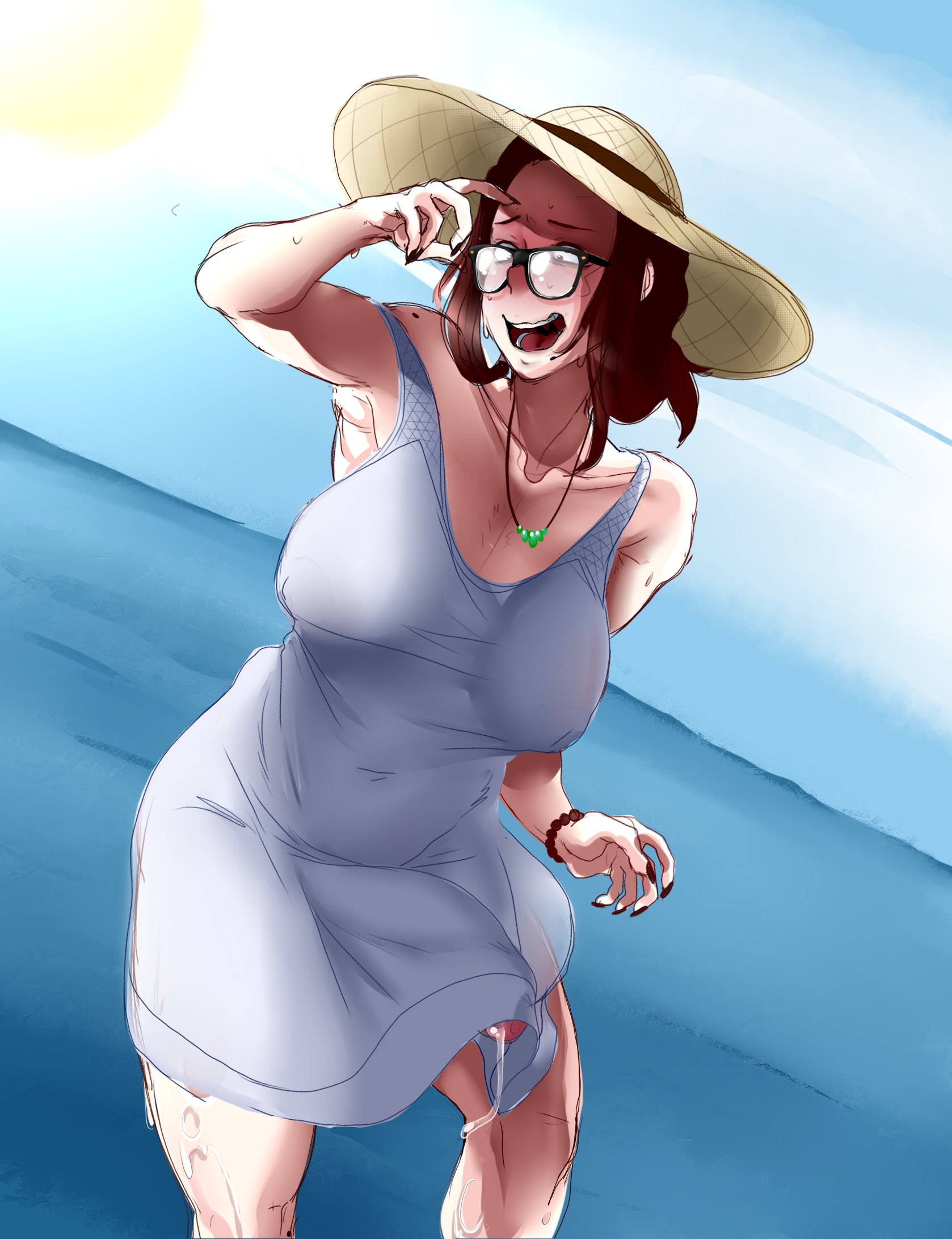 1futa, balls, big penis, blush, breasts, clothed, clothing, dress, erection, fran (tammaro), fully clothed, futa only, futanari, glasses, hat, human, intersex, light skin, light-skinned futa, looking to the side, open mouth, original, original character, pale skin, penis, precum, precum drip, sweat, tammaro, water, wet
