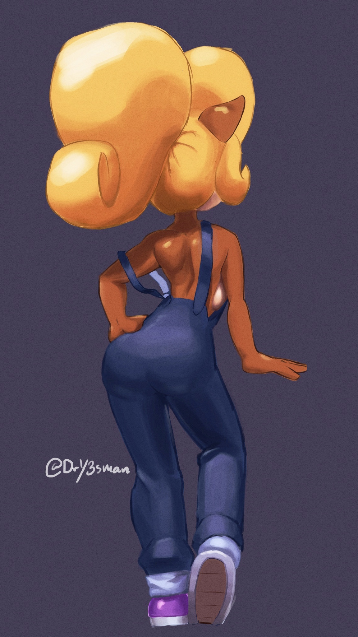 1girls, anthro, ass, blonde hair, breasts, coco bandicoot, crash (series), dry3sman, female, from the back, no shirt, overalls, sideboob, topless