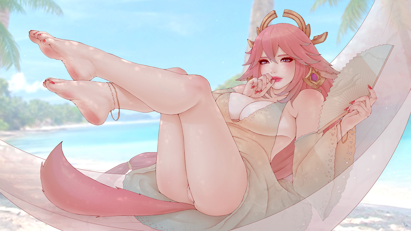 1girls, animal ears, barefoot, beach, blush, bottomless, breasts, cleavage, cleft of venus, feet, female, female only, foot fetish, genshin impact, hammock, humanoid, large breasts, looking at viewer, pink hair, pussy, solo, solo female, soranamae, tail, yae miko
