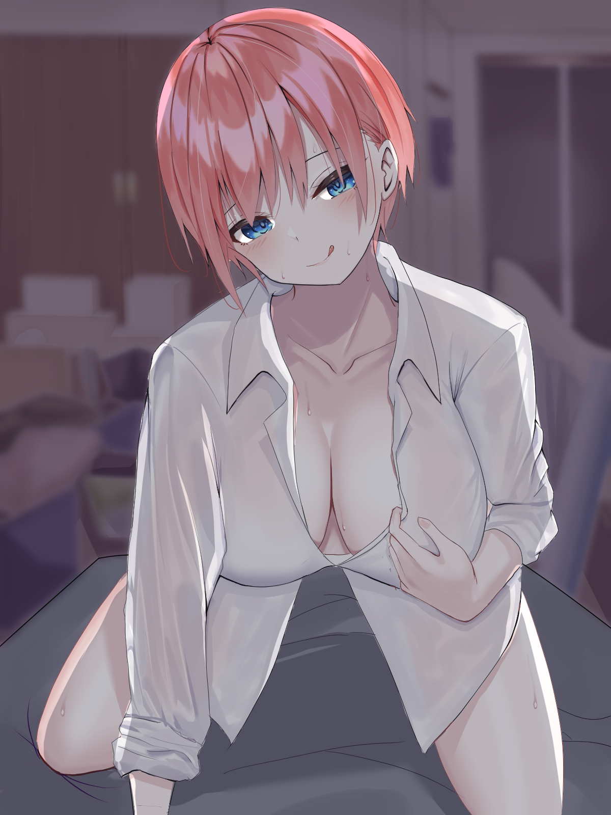 1girls, bangs, bedroom, blue eyes, blurry, blurry background, blush, breasts, cleavage, collarbone, commentary request, downblouse, dress shirt, female, go-toubun no hanayome, highres, kneeling, large breasts, looking at viewer, miyabitaroo, nakano ichika, naked shirt, on bed, pink hair, seductive smile, shirt, short hair, smile, solo, spread legs, teasing, thighs, tongue, tongue out, undressing, very short hair, white shirt
