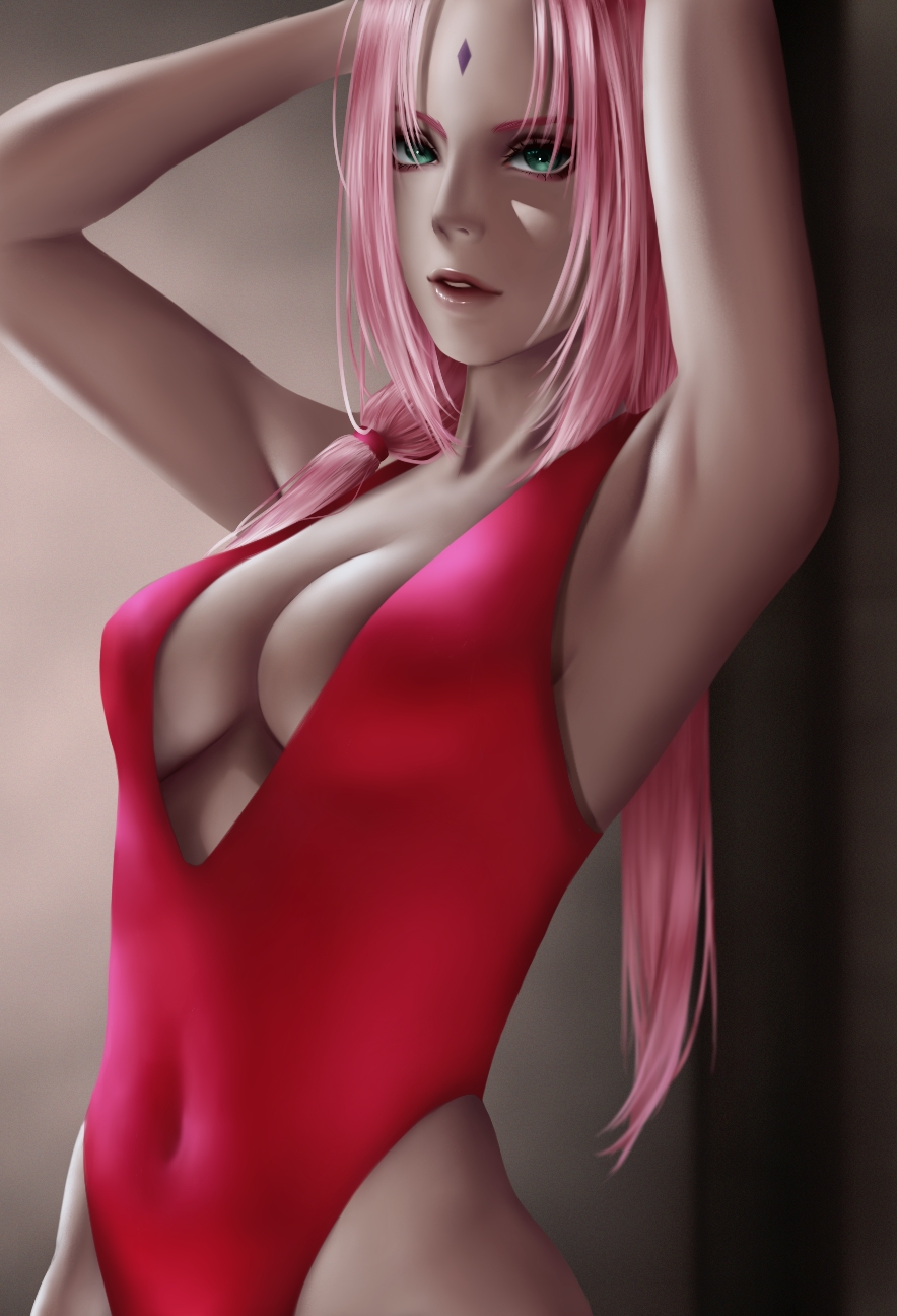 1girls, armpit fetish, armpits, arms above head, arms up, belly button, boruto: naruto next generations, breasts, cleavage, clothed, clothing, cyansanu, eyeshadow, female, female focus, female only, forehead jewel, forehead mark, green eyes, lips, lipstick, long hair, makeup, mature, mature female, milf, naruto, naruto (series), one-piece swimsuit, perky breasts, pink hair, pink lips, pink lipstick, pinup, ponytail, pose, posing, red one-piece swimsuit, red swimsuit, revealing clothes, sakura haruno, shounen jump, sideboob, small breasts, solo, solo female, solo focus, standing, swimsuit, tied hair, voluptuous, wide hips