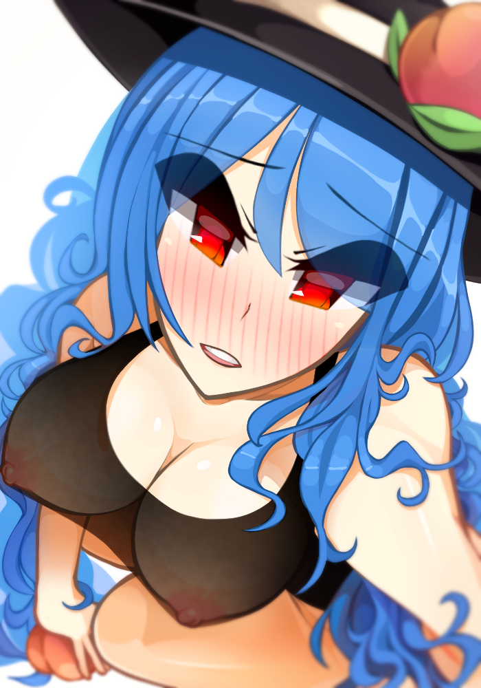 1girls black_shirt blue_hair blush breasts cleavage covered_nipples eyes_visible_through_hair female female_only from_above hat kaliningradg large_breasts long_hair looking_at_viewer looking_up nipples open_mouth peach_(fruit) red_eyes shirt simple_background sitting smile solo solo_female tank_top tenshi_hinanawi touhou transparent_clothing white_background