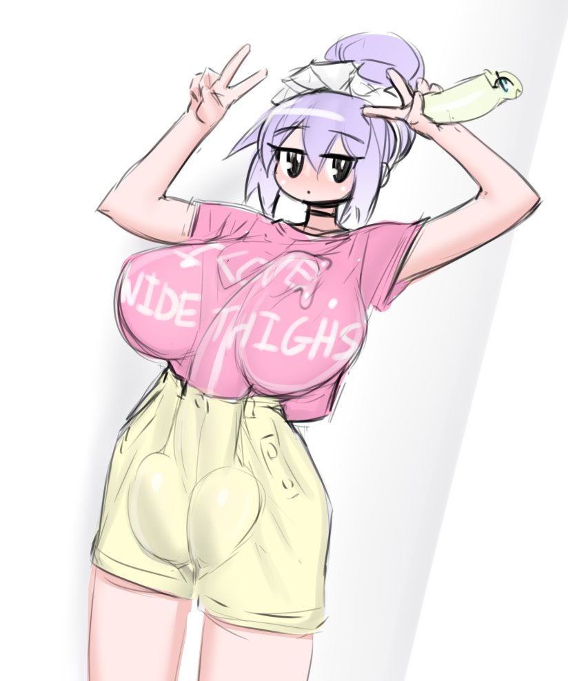 1futa, 2020s, 2021, alternate version available, arms up, autopaizuri, autopaizuri under clothes, balls, balls bulge, big breasts, breasts, bulge, clothed, clothing, cum, ejaculating in topwear, ejaculation, erection, erection under clothes, eyebrows visible through hair, female, front view, fully clothed, futa only, futanari, hair bun, huge balls, huge cock, human, intersex, jorts, light skin, light-skinned futa, long hair, manga, necrosmos, pale skin, penis, penis bulge, pink topwear, precum, precum in topwear, precum through clothing, purple hair, shiny hair, shorts, simple face, solo, solo female, standing, t-shirt, text, text on topwear, tomboy, v, yellow bottomwear, yumi (cyrie)