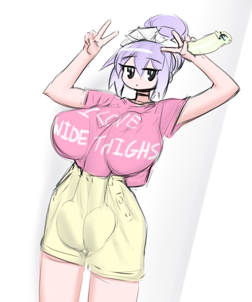 1futa, 2020s, 2021, alternate version available, arms up, autopaizuri, autopaizuri under clothes, balls, balls bulge, big breasts, breasts, bulge, clothed, clothing, erection, erection under clothes, eyebrows visible through hair, female, front view, fully clothed, futa only, futanari, hair bun, huge balls, huge breasts, huge cock, human, hyper, hyper balls, hyper penis, intersex, jorts, light skin, light-skinned futa, long hair, manga, necrosmos, paizuri, pale skin, penis, penis bulge, pink topwear, purple hair, shiny hair, shorts, simple face, solo, solo female, standing, t-shirt, text, text on topwear, tomboy, v, yellow bottomwear, yumi (cyrie)