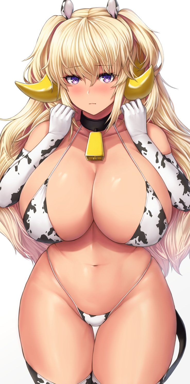 animal ears, animal print, bell, bikini, blonde hair, blush, breasts, buran (22x), choker, cleavage, clenched hands, closed mouth, cow bikini, cow ears, cow horns, cow print, cow tail, cowbell, cowboy shot, curvy, dark elven forest ranger, dark elven forest ranger (cowgirl bikini), dark skin, dark-skinned female, elbow gloves, female, gloves, groin, hands up, highres, horns, huge breasts, last origin, long hair, looking at viewer, micro bikini, navel, purple eyes, solo, swimsuit, tail, thigh gap, thighhighs, two side up, very long hair