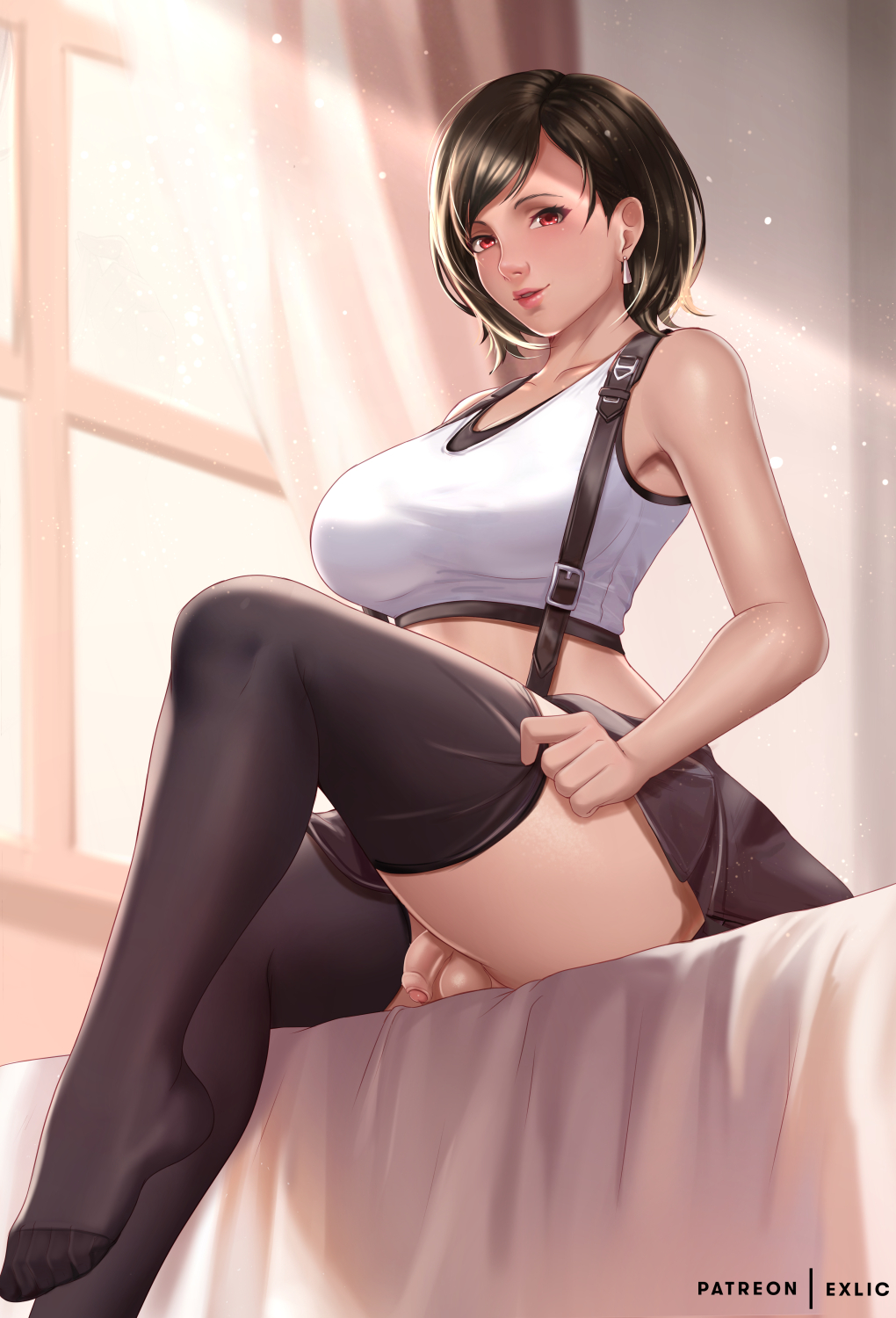 1futa, alternate hairstyle, ass, balls, bed, big breasts, bottomless, breasts, clothed, clothing, exlic, final fantasy, final fantasy vii, flaccid, fully clothed, futa only, futanari, human, intersex, light skin, light-skinned futa, looking at viewer, mostly clothed, pale skin, penis, sitting, skirt, solo, testicles, thighhighs, tifa lockhart
