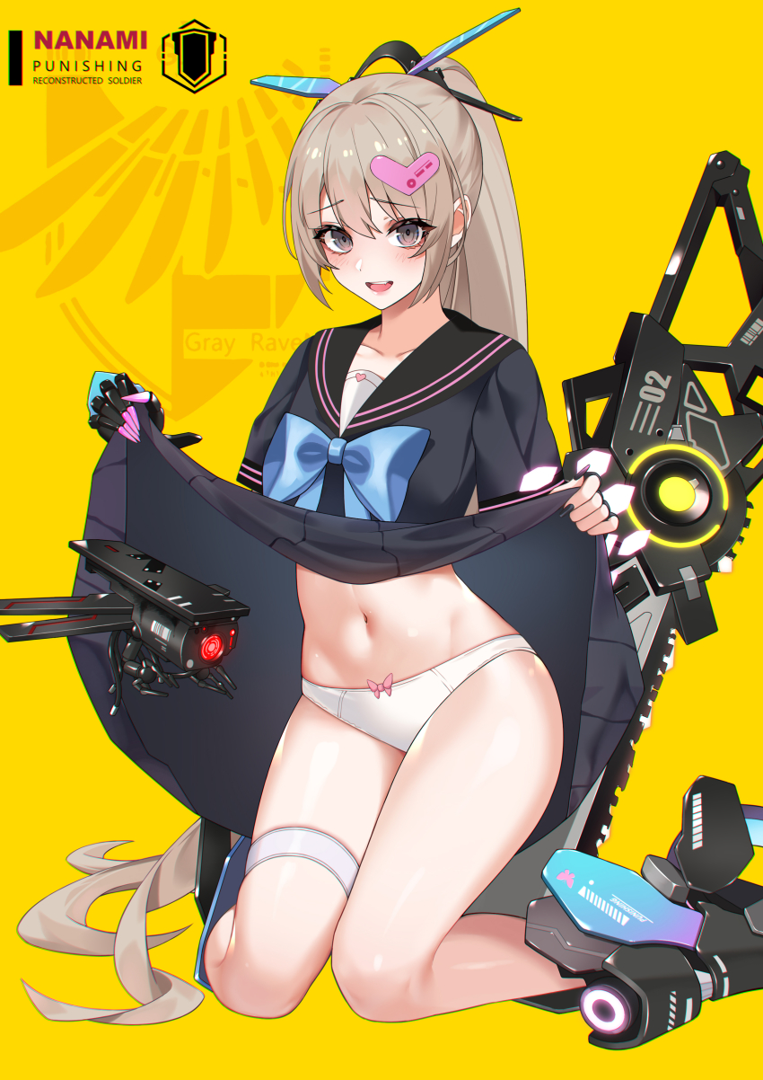 bare legs, belly, blush, dress, dress lift, female, flat chest, grey eyes, grey hair, hair ornament, lifted by self, nanami (punishing: gray raven), open mouth, panties, punishing: gray raven, robot, robot girl, sly96