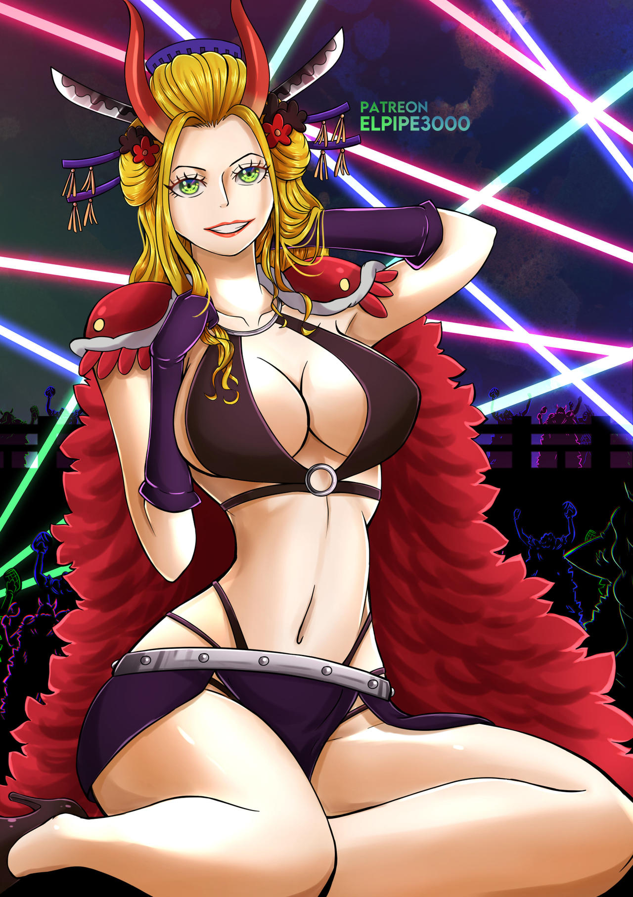 1girls artist_name beast_pirates bikini black_maria blonde_hair blue_eyes cleavage curvy elpipe3000 female female_only fully_clothed giantess high_heels horns one_piece revealing_clothes wano_country