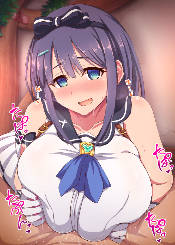 1boy bangs bare_shoulders blue_eyes blush breast_squeeze breasts female gloves hairband ikue_fuuji large_breasts looking_at_viewer medium_hair misora_(princess_connect!) paizuri paizuri_under_clothes princess_connect! purple_hair smile straight