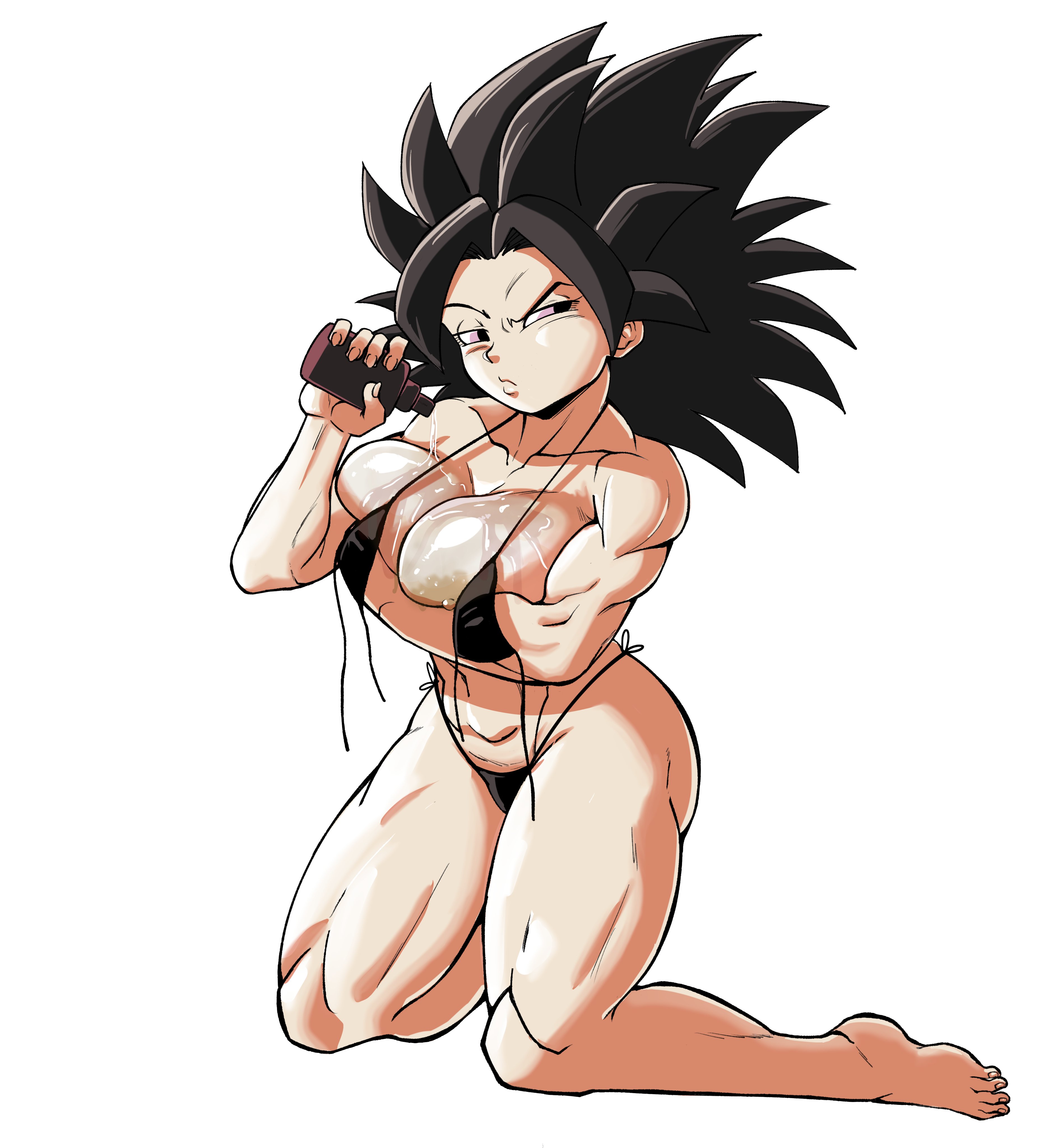 1girls, 2d, 2d (artwork), big breasts, big nipples, bikini, black eyes, black hair, breasts, caulifla, color, dragon ball, dragon ball super, dragon ball z, female, large areolae, large breasts, massive breasts, muscular, muscular female, navel, oil, oiled body, oiled skin, pseudocel, saiyan, suspicious, undone bra, white background