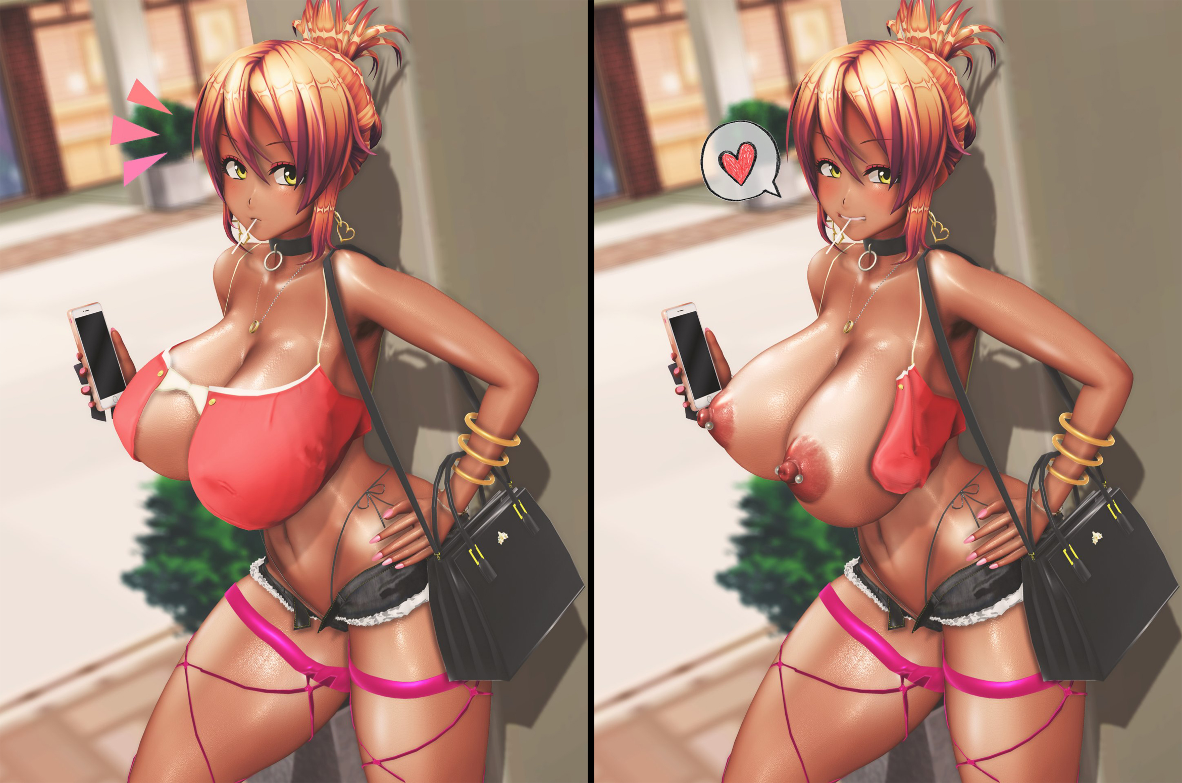 3d, areolae, big breasts, breasts, busty, comic, dark skin, dark-skinned female, erect nipples, exhibitionism, female, female focus, female only, flashing, flashing breasts, gyaru, hourglass figure, huge breasts, large breasts, nipple bulge, nipple piercing, nipples, pico-majin, piercing, public, public nudity, skimpy, skimpy clothes, standing, tagme, tan, wide hips