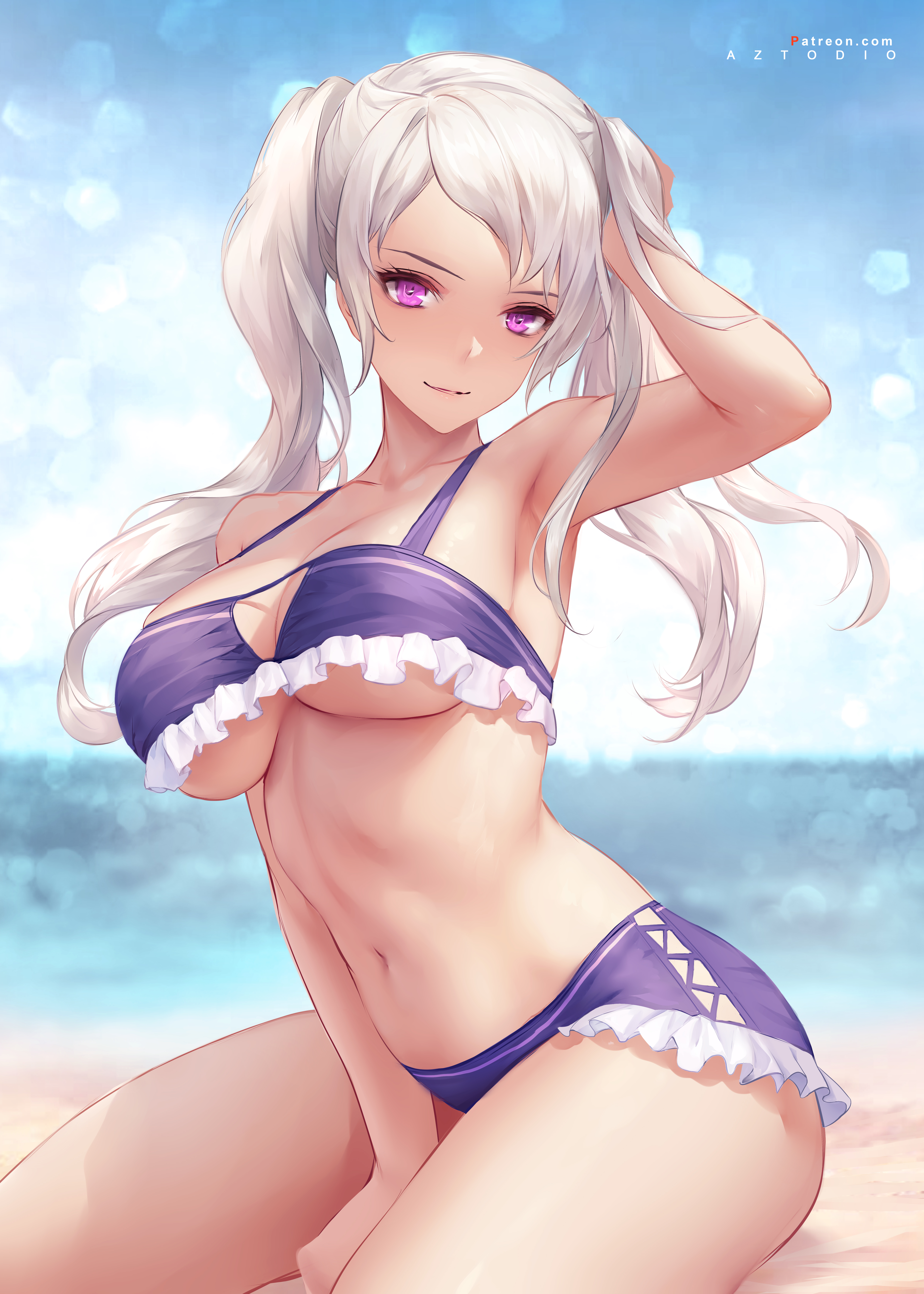 1girls, absurd res, alternate costume, armpits, azto dio, bangs, bare shoulders, beach, bikini, blurry background, blush, breasts, cleavage, collarbone, female, fire emblem, fire emblem awakening, grima (fire emblem), highres, large breasts, long hair, looking at viewer, navel, nintendo, ocean, outdoors, outside, purple bikini, purple eyes, purple swimsuit, robin (fire emblem), robin (fire emblem) (female), sand, sideboob, skindentation, solo, swimsuit, tagme, thighs, twintails, underboob, water, white hair
