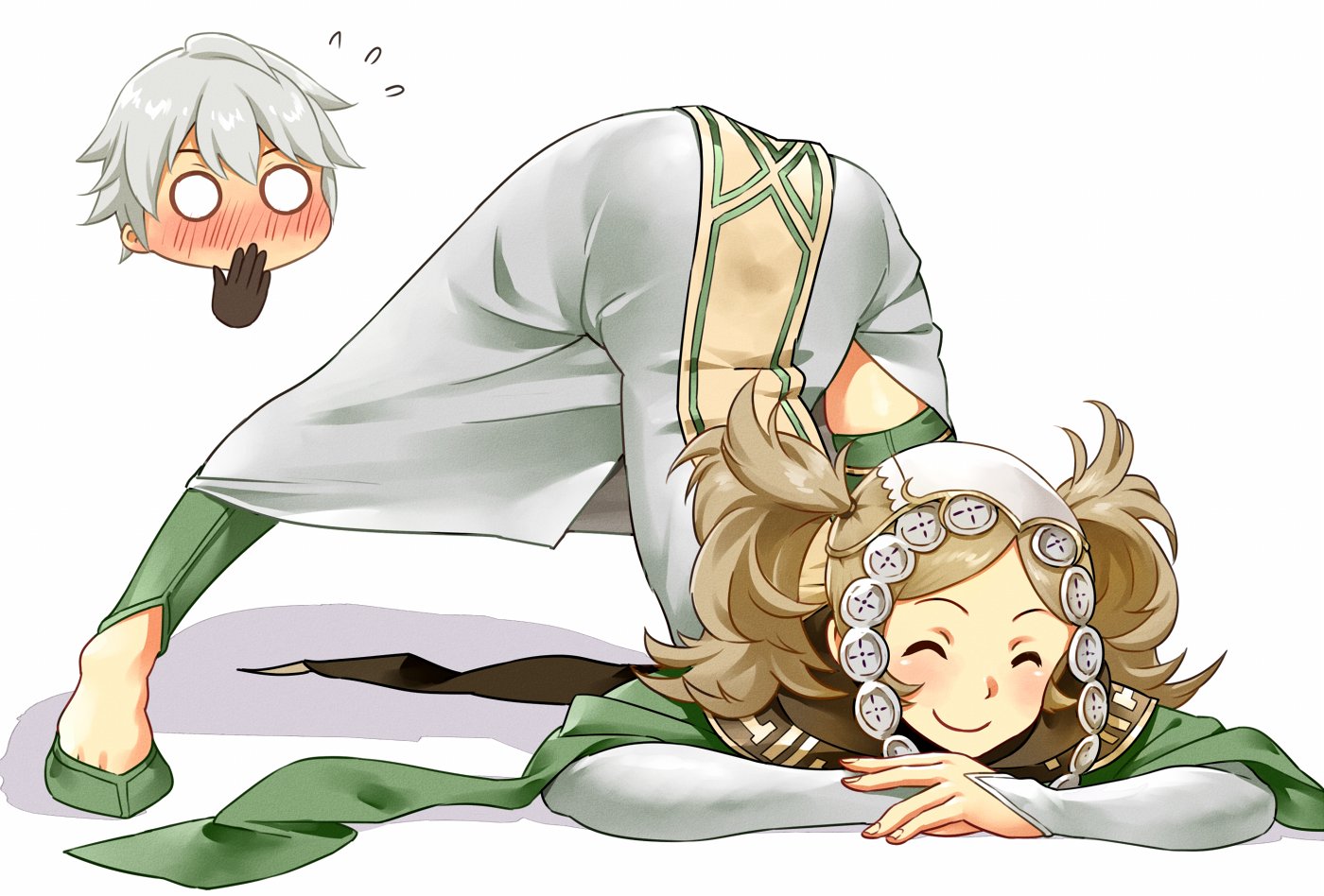 1boy, 1girls, alternate costume, ass, ass up, bare thighs, blonde hair, blush, cosplay, embarrassed, emmeryn (fire emblem) (cosplay), face down ass up, female, female focus, fire emblem, fire emblem awakening, igni tion, jack-o pose, jackochallenge, lissa (fire emblem), male, nintendo, pose, robin (fire emblem), robin (fire emblem) (male), smile, solo focus, spread legs, twintails, white background